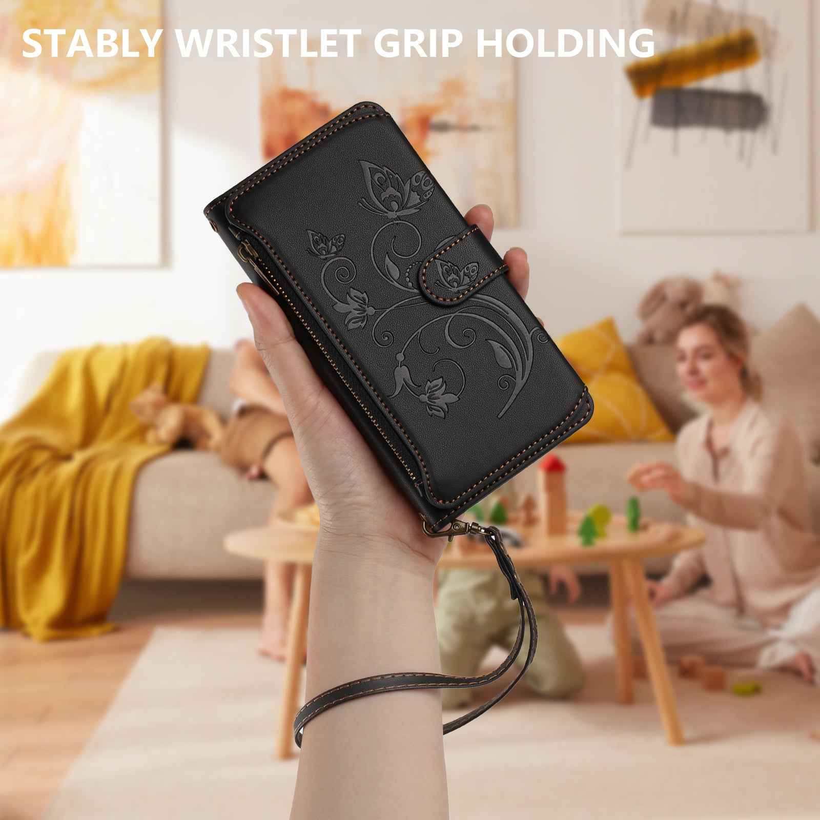For Xiaomi 17 Pro Leather Case Butterfly Floral Imprint Zipper Wallet Stand Cover with Wrist Strap - Black