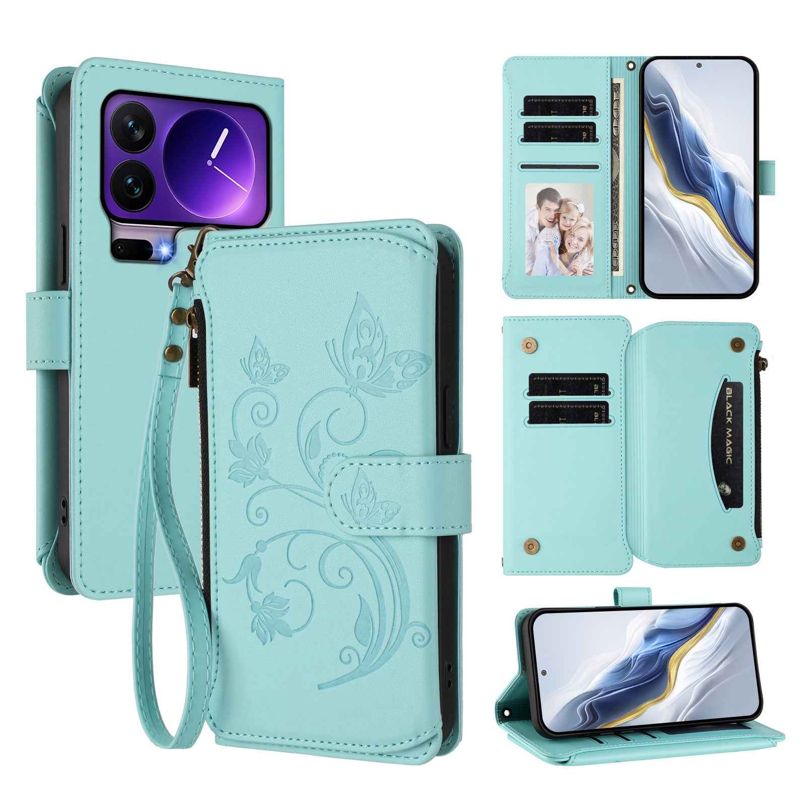 For Xiaomi 17 Pro Leather Case Butterfly Floral Imprint Zipper Wallet Stand Cover with Wrist Strap - Mint Green