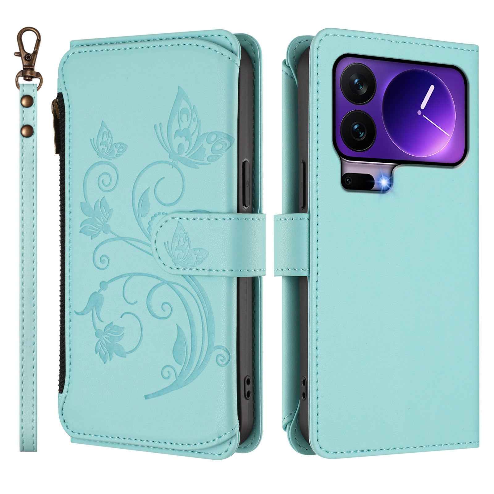 For Xiaomi 17 Pro Leather Case Butterfly Floral Imprint Zipper Wallet Stand Cover with Wrist Strap - Mint Green