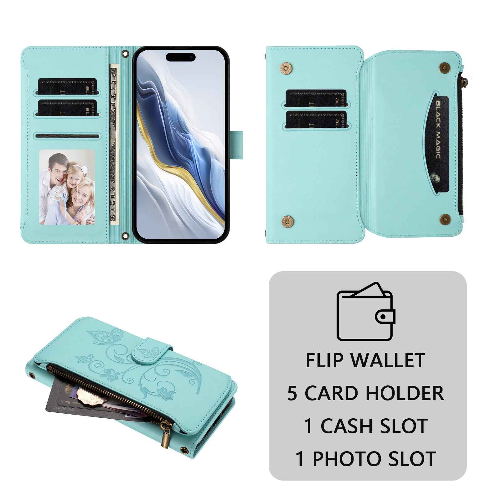 For Xiaomi 17 Pro Leather Case Butterfly Floral Imprint Zipper Wallet Stand Cover with Wrist Strap - Mint Green