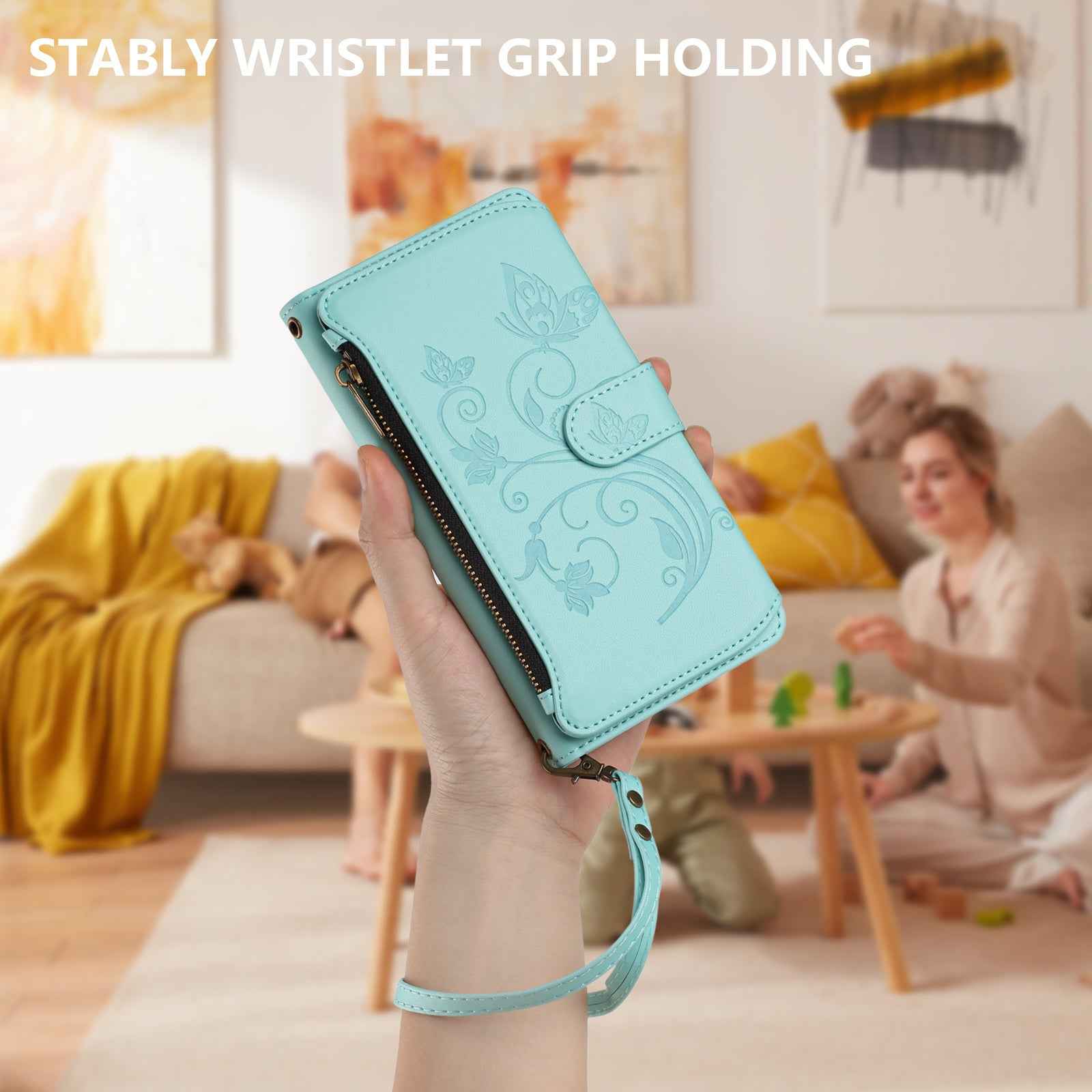 For Xiaomi 17 Pro Leather Case Butterfly Floral Imprint Zipper Wallet Stand Cover with Wrist Strap - Mint Green