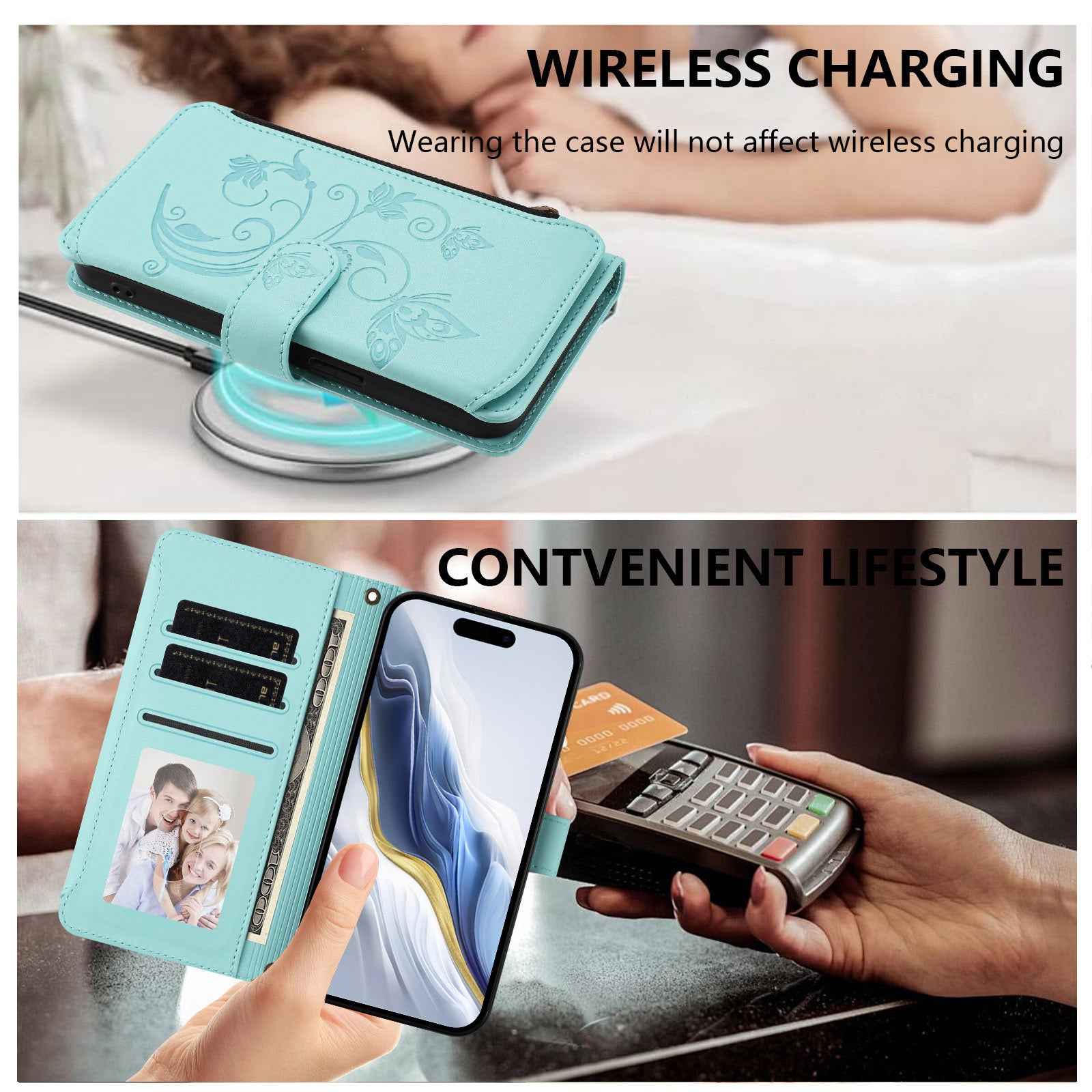 For Xiaomi 17 Pro Leather Case Butterfly Floral Imprint Zipper Wallet Stand Cover with Wrist Strap - Mint Green