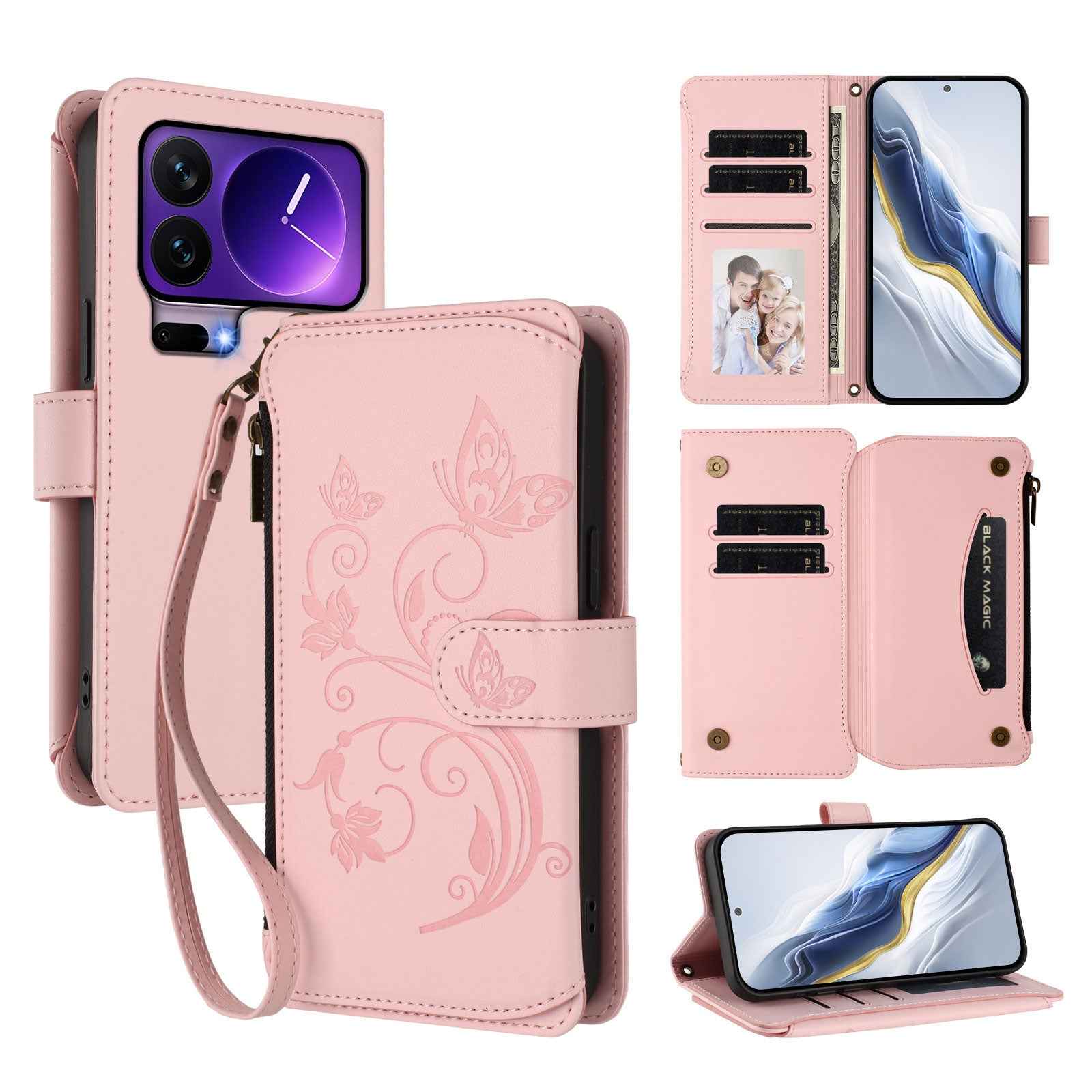 For Xiaomi 17 Pro Leather Case Butterfly Floral Imprint Zipper Wallet Stand Cover with Wrist Strap - Pink