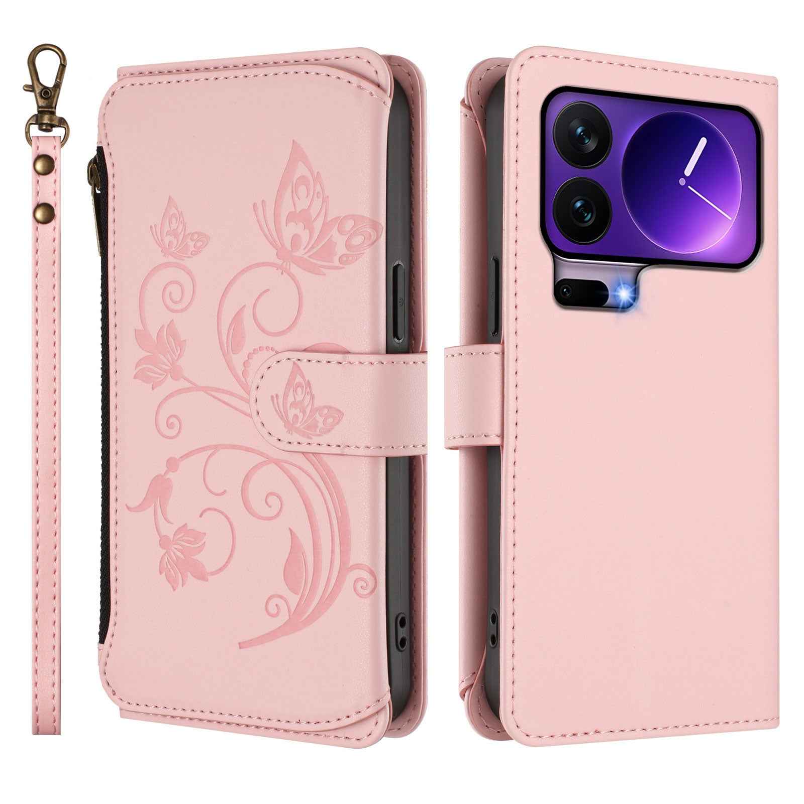 For Xiaomi 17 Pro Leather Case Butterfly Floral Imprint Zipper Wallet Stand Cover with Wrist Strap - Pink
