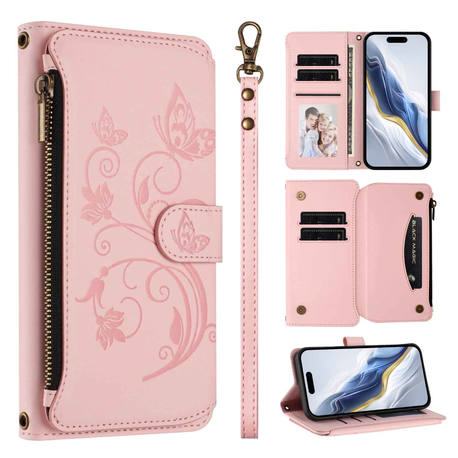 For Xiaomi 17 Pro Leather Case Butterfly Floral Imprint Zipper Wallet Stand Cover with Wrist Strap - Pink