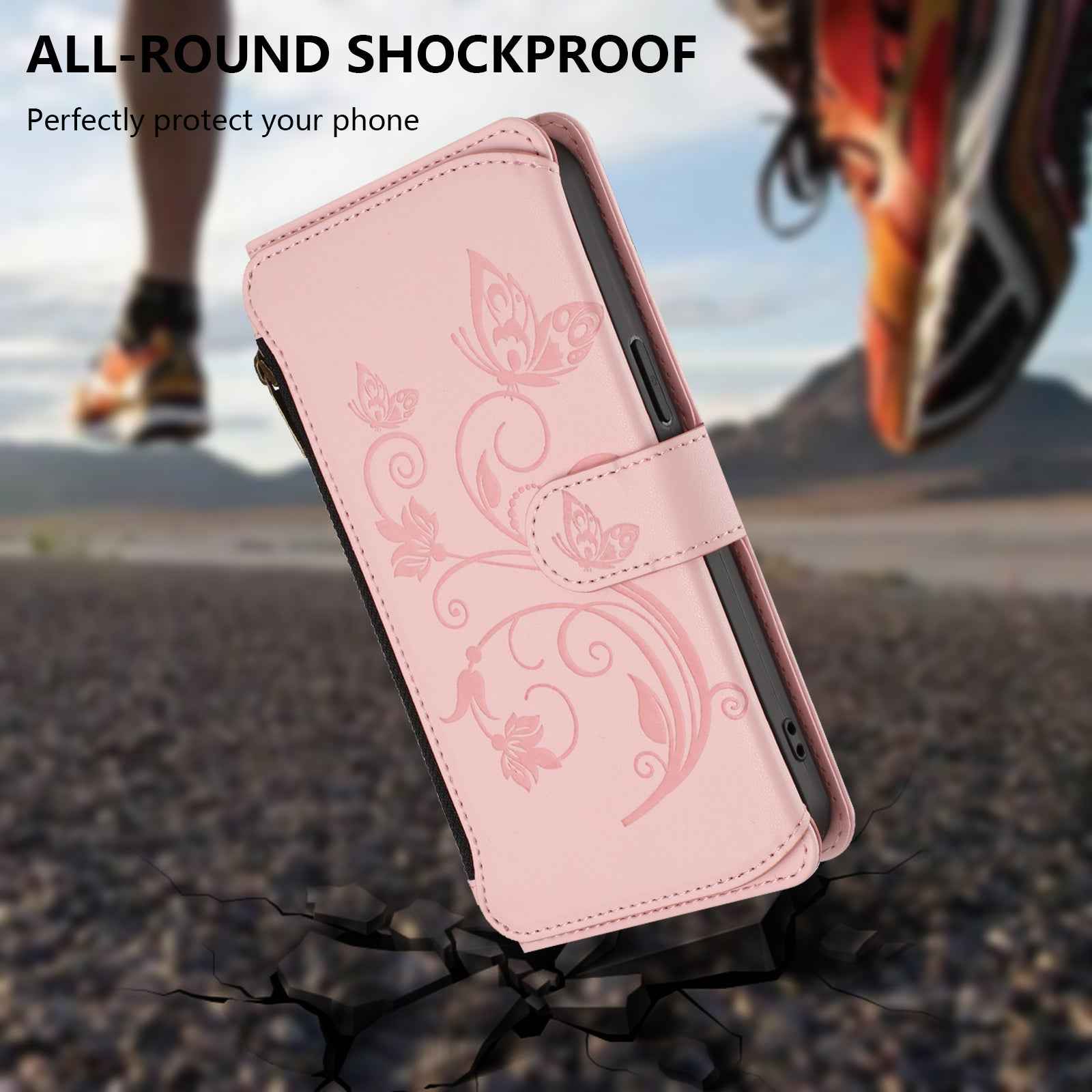 For Xiaomi 17 Pro Leather Case Butterfly Floral Imprint Zipper Wallet Stand Cover with Wrist Strap - Pink