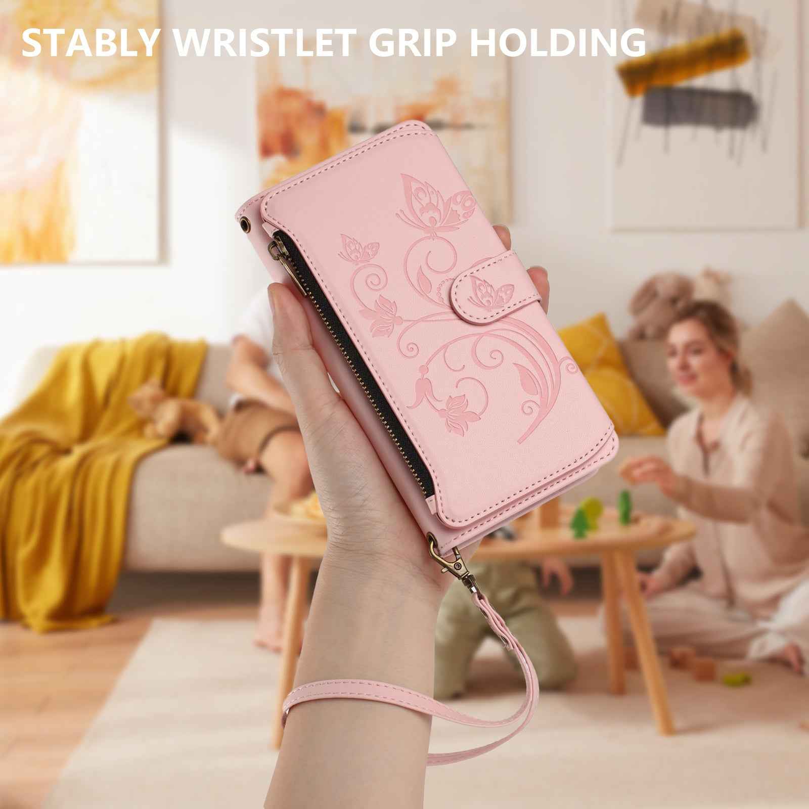 For Xiaomi 17 Pro Leather Case Butterfly Floral Imprint Zipper Wallet Stand Cover with Wrist Strap - Pink