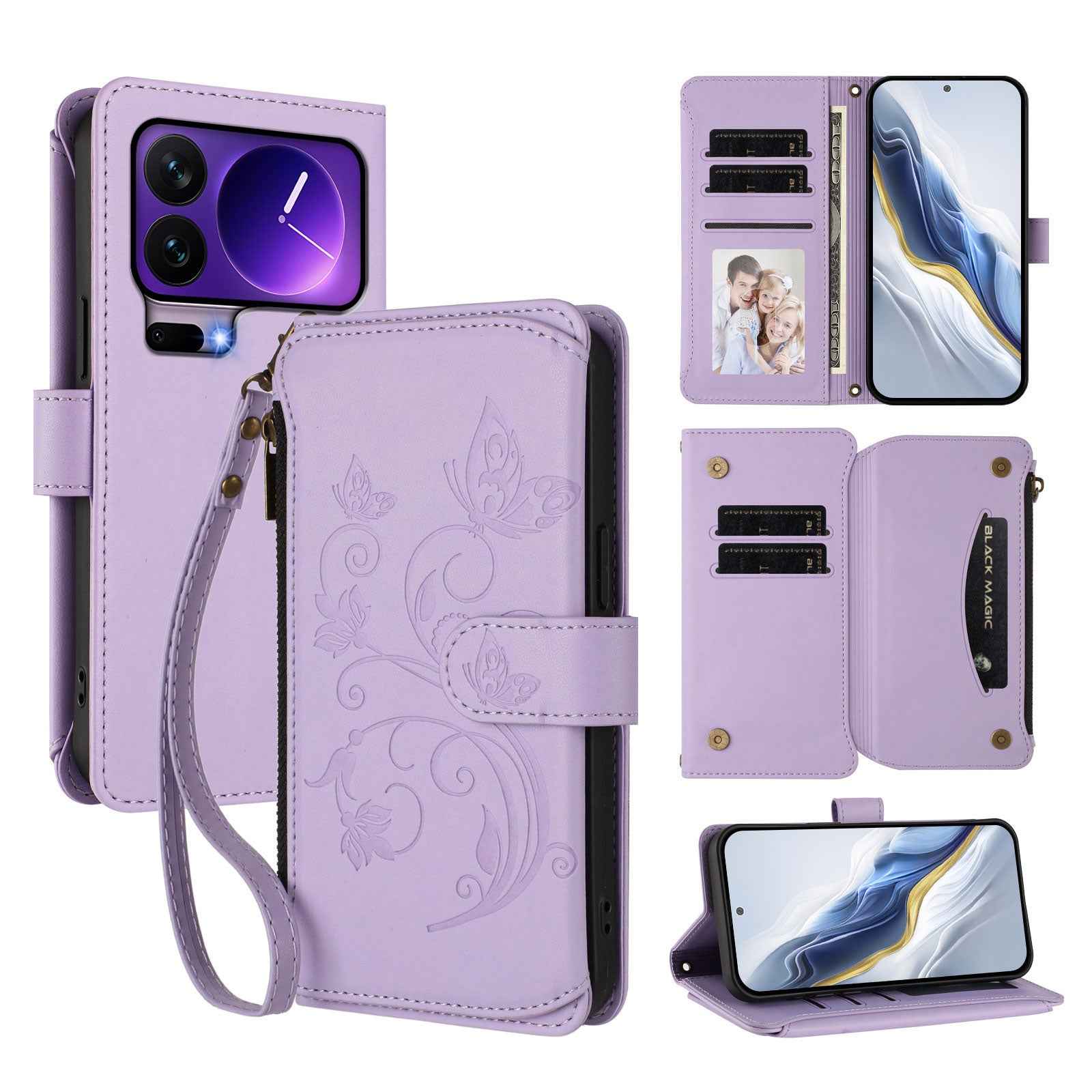 For Xiaomi 17 Pro Leather Case Butterfly Floral Imprint Zipper Wallet Stand Cover with Wrist Strap - Light Purple