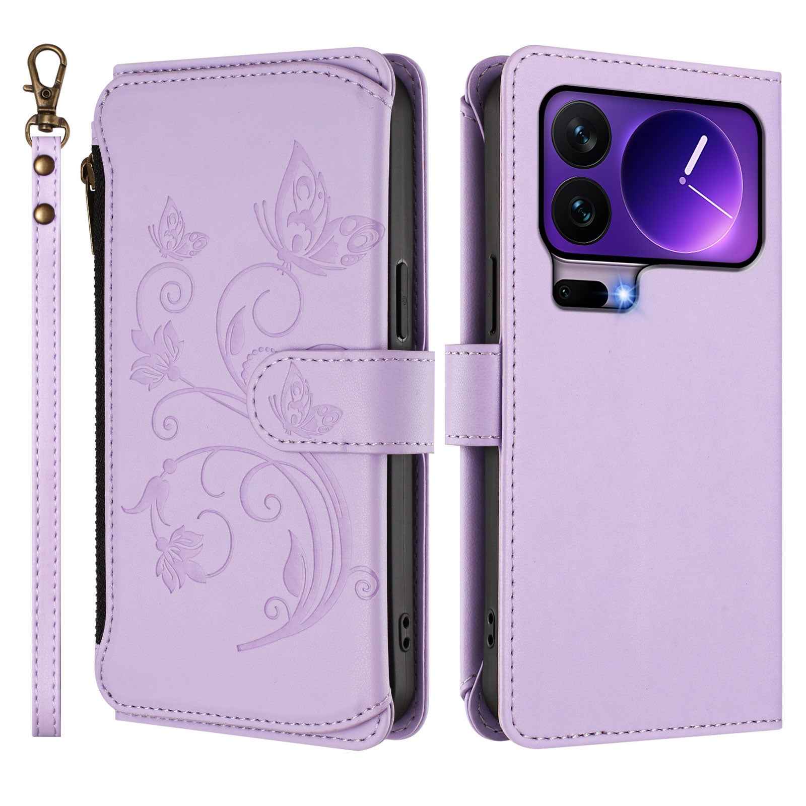 For Xiaomi 17 Pro Leather Case Butterfly Floral Imprint Zipper Wallet Stand Cover with Wrist Strap - Light Purple
