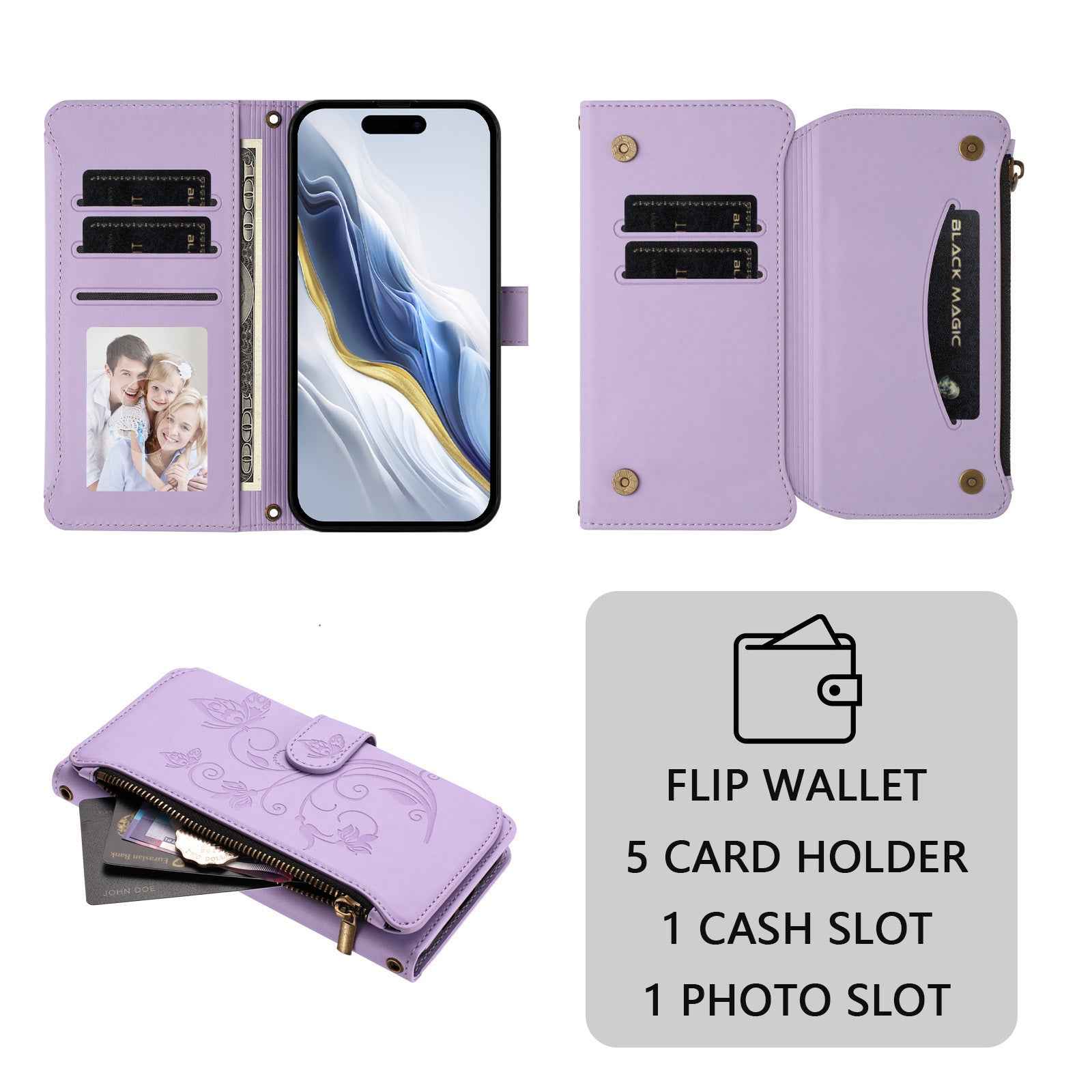 For Xiaomi 17 Pro Leather Case Butterfly Floral Imprint Zipper Wallet Stand Cover with Wrist Strap - Light Purple