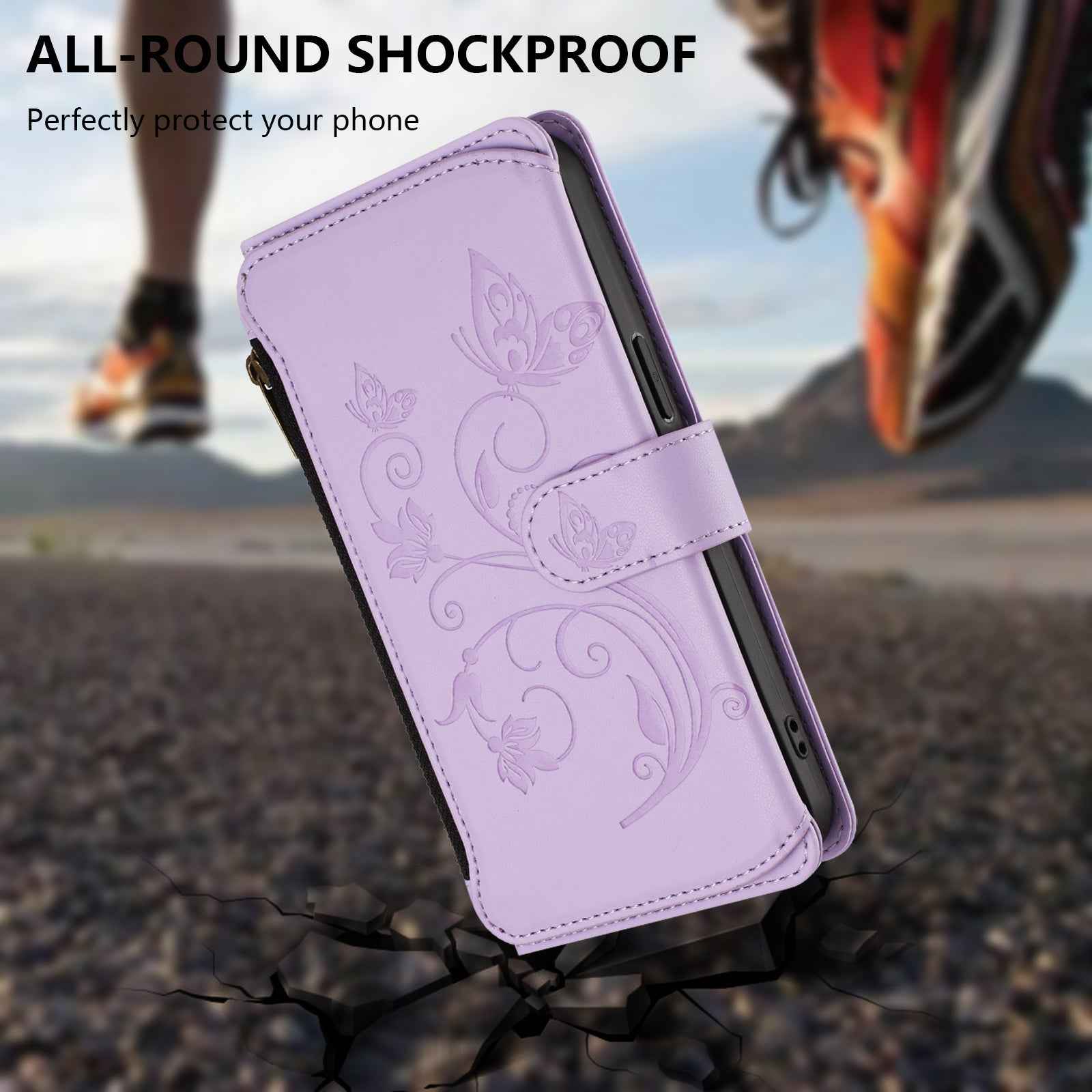 For Xiaomi 17 Pro Leather Case Butterfly Floral Imprint Zipper Wallet Stand Cover with Wrist Strap - Light Purple