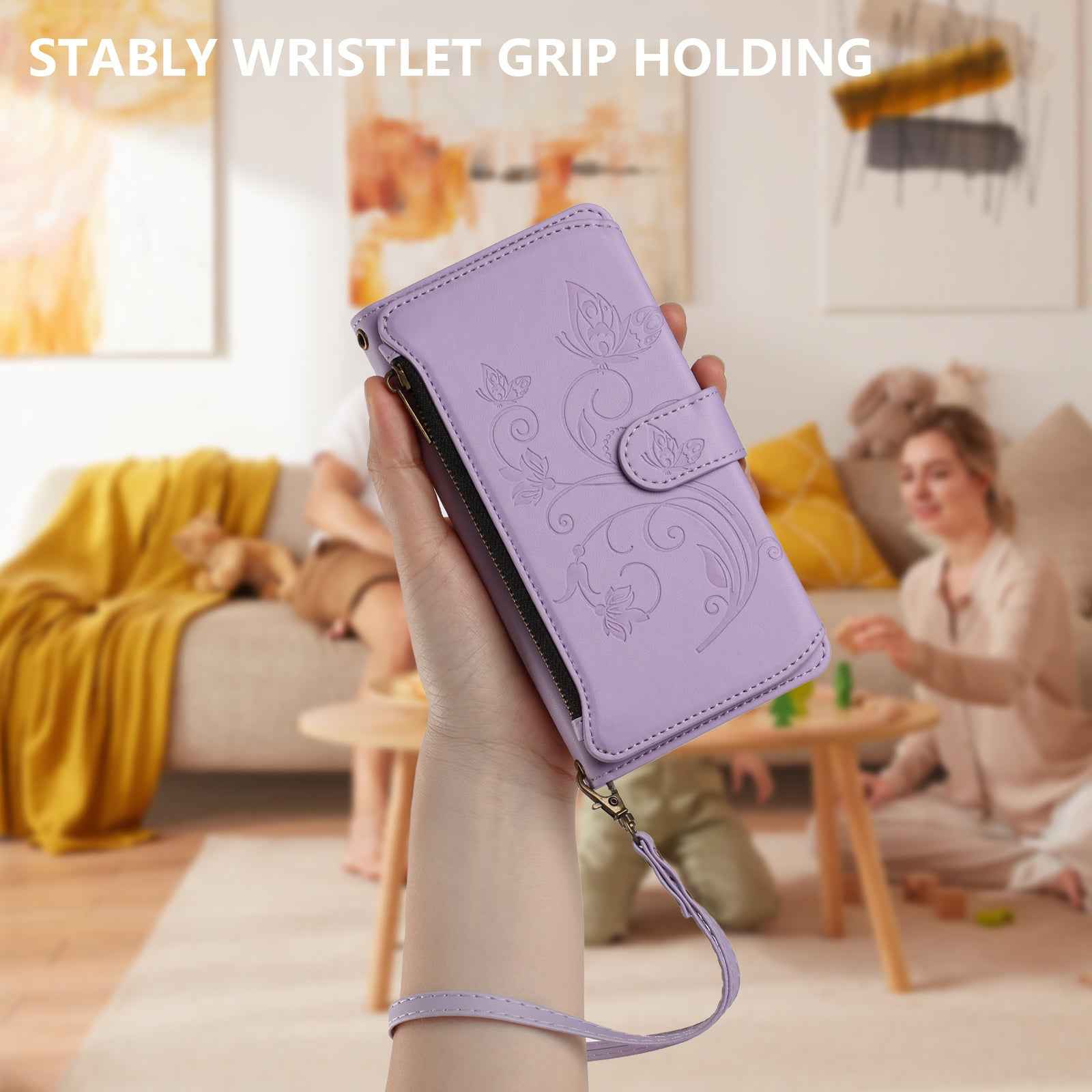 For Xiaomi 17 Pro Leather Case Butterfly Floral Imprint Zipper Wallet Stand Cover with Wrist Strap - Light Purple