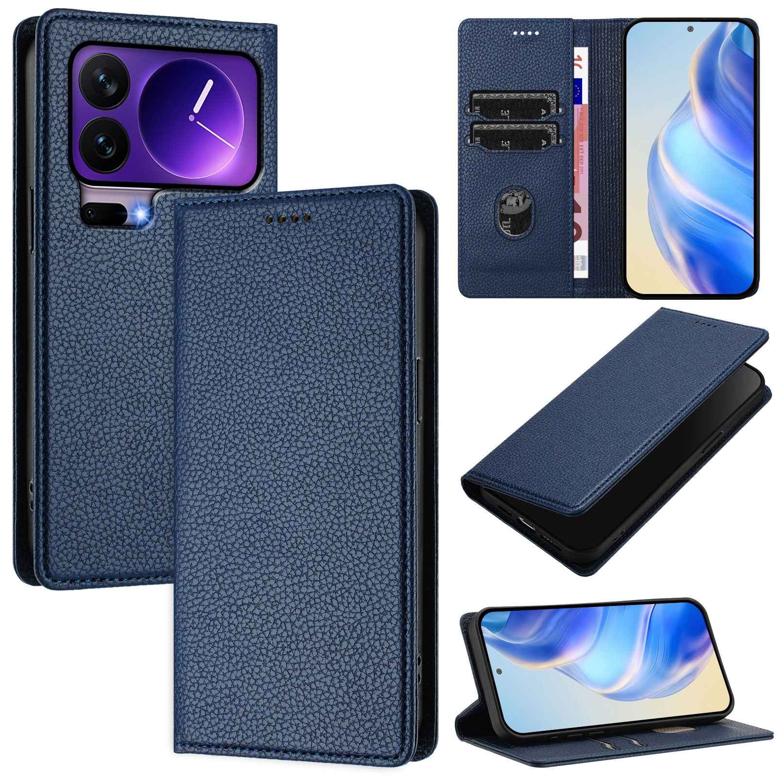 For Xiaomi 17 Pro Wallet Case RFID Blocking Litchi Texture Leather Mobile Cover - Dark Blue