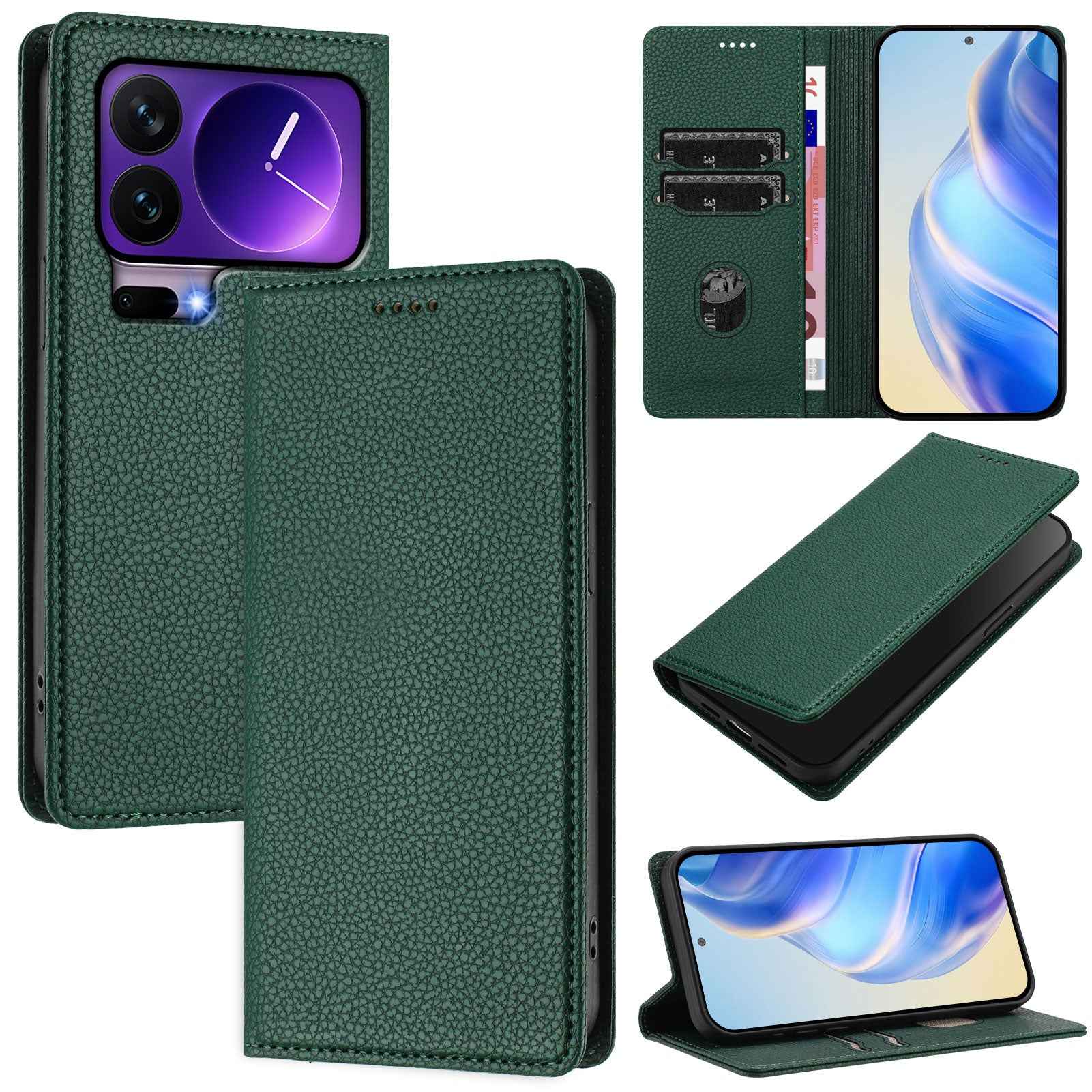 For Xiaomi 17 Pro Wallet Case RFID Blocking Litchi Texture Leather Mobile Cover - Dark Green