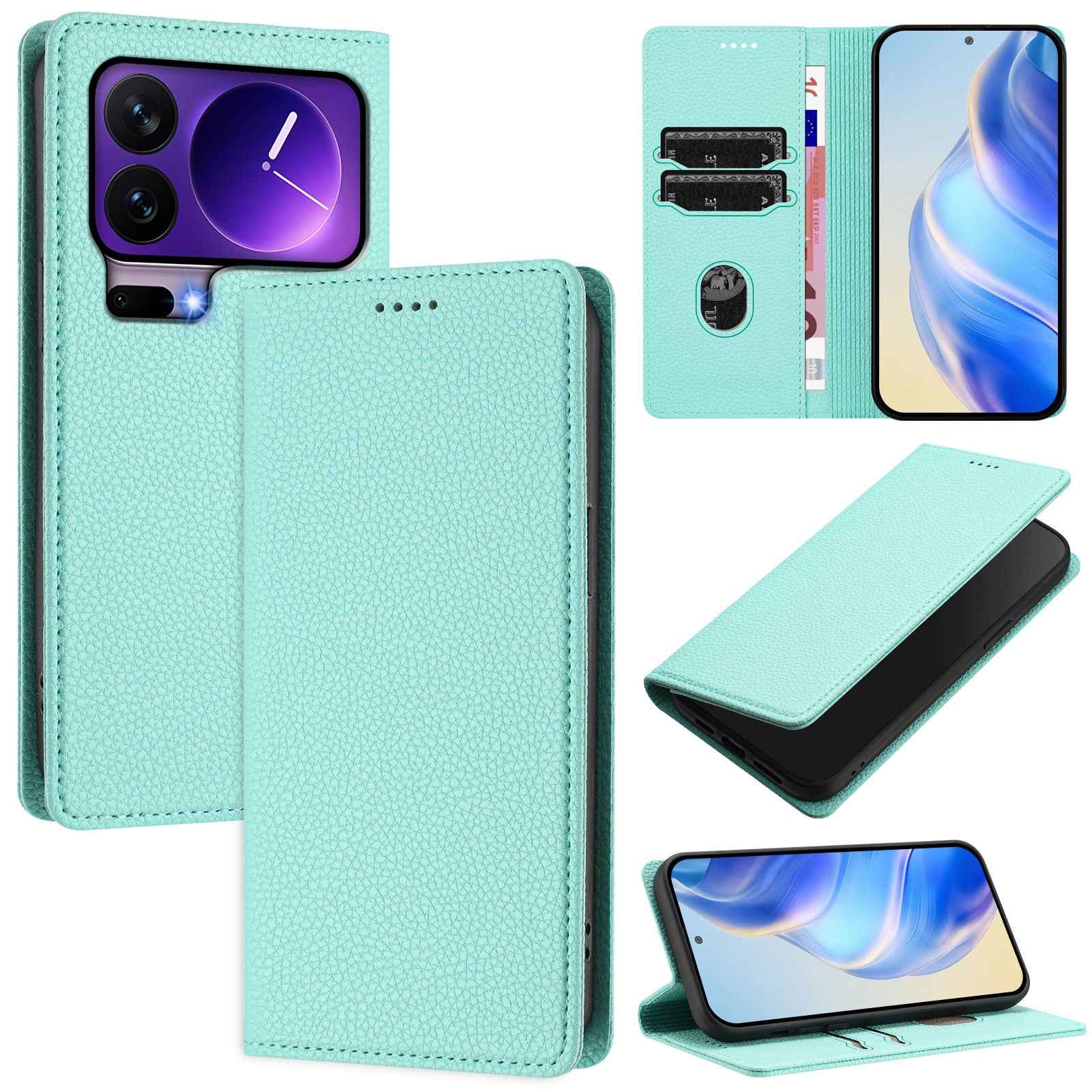 For Xiaomi 17 Pro Wallet Case RFID Blocking Litchi Texture Leather Mobile Cover - Mint Green
