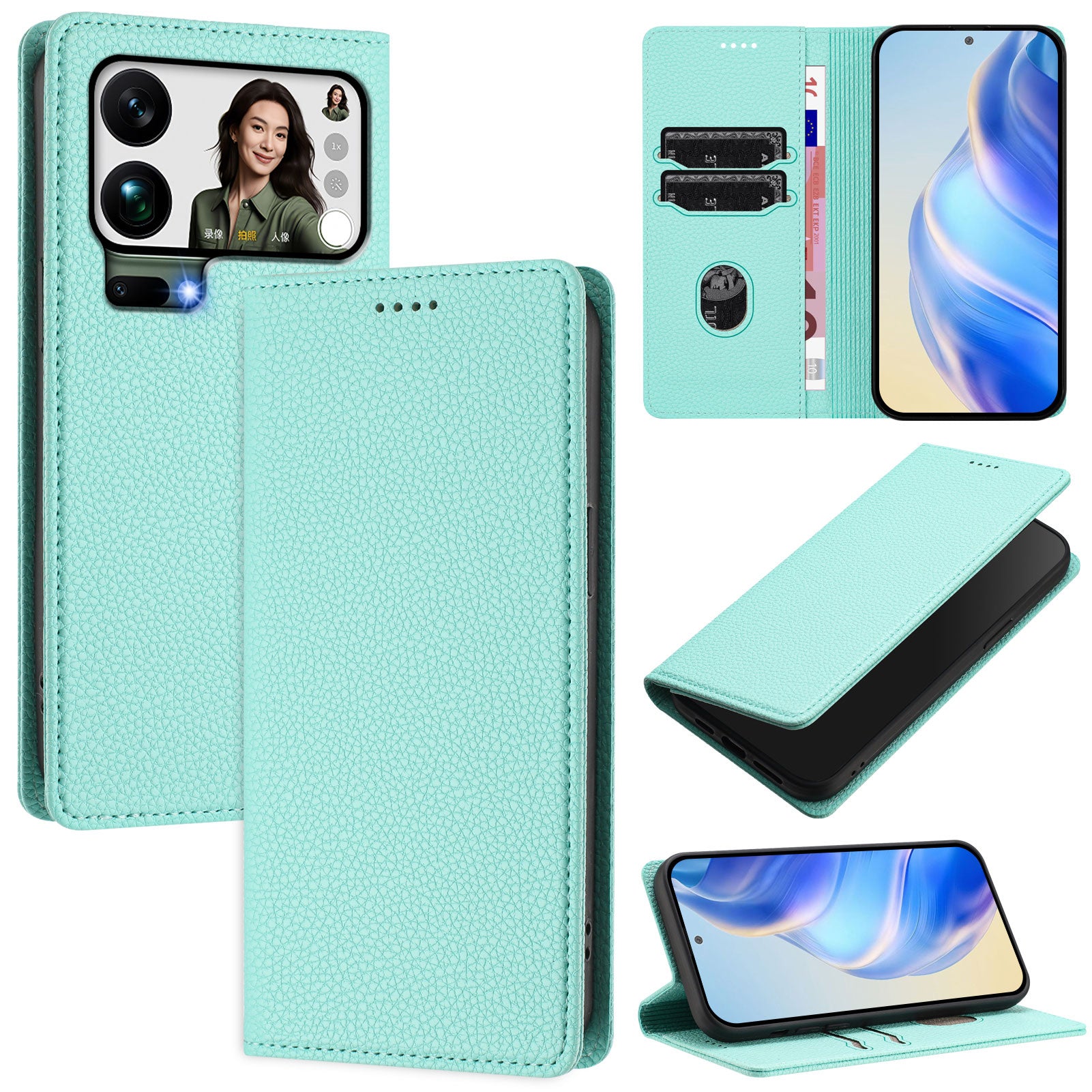 For Xiaomi 17 Pro Max Wallet Case RFID Blocking Litchi Texture Leather Mobile Cover - Mint Green