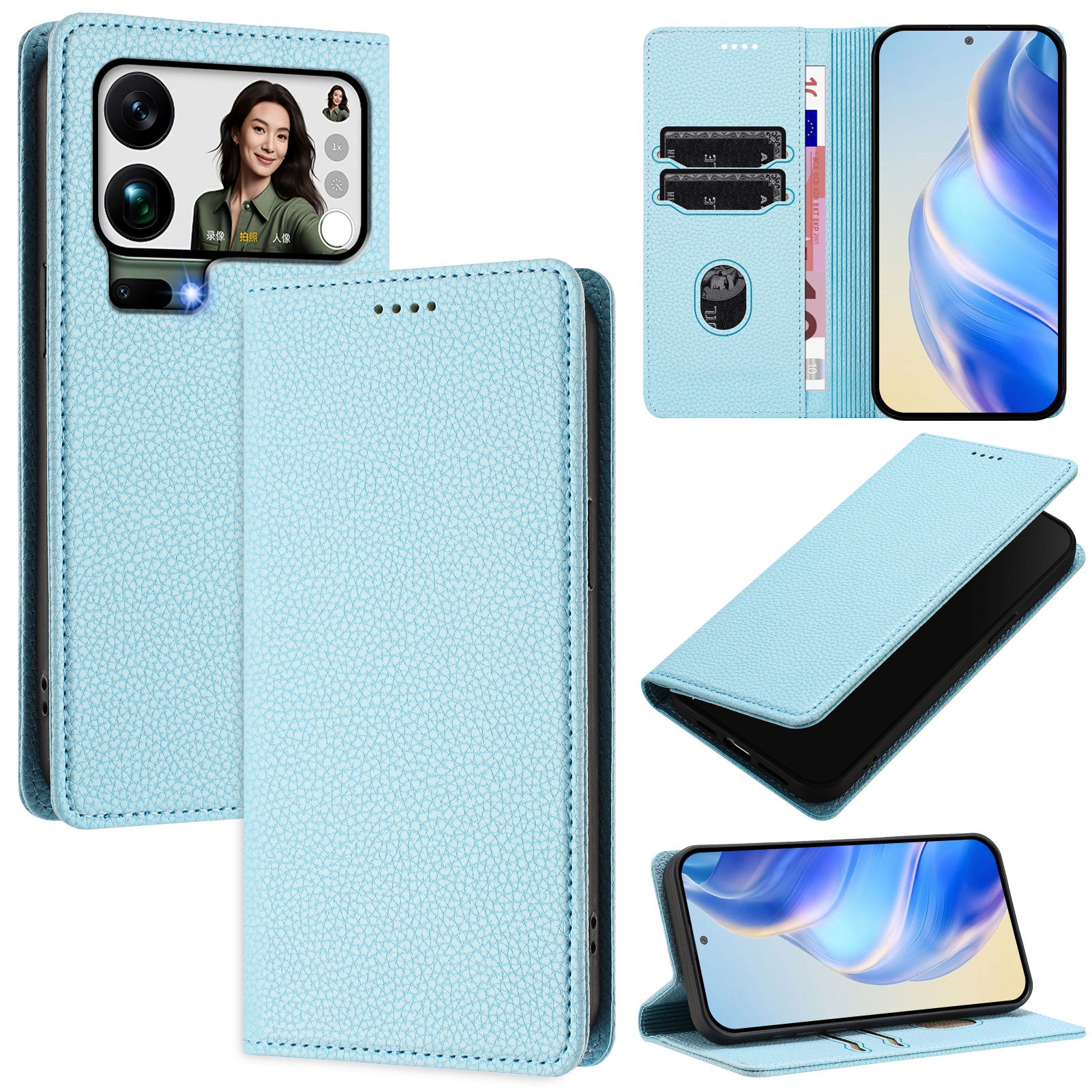 For Xiaomi 17 Pro Max Wallet Case RFID Blocking Litchi Texture Leather Mobile Cover - Baby Blue