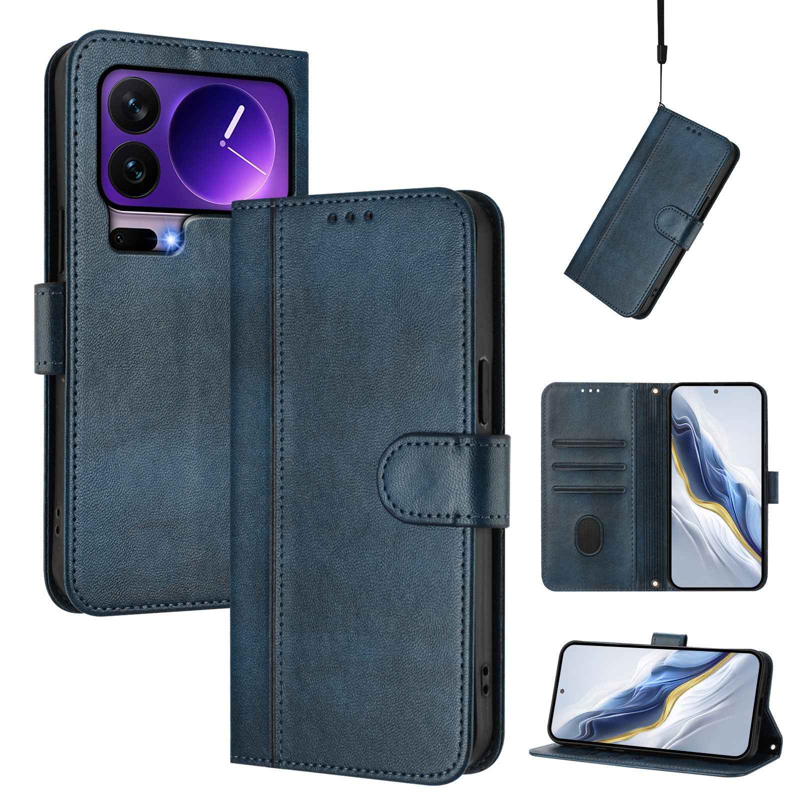 For Xiaomi 17 Pro Cases Wallet Stand Retro Texture Leather Phone Cover with Lanyard - Blue