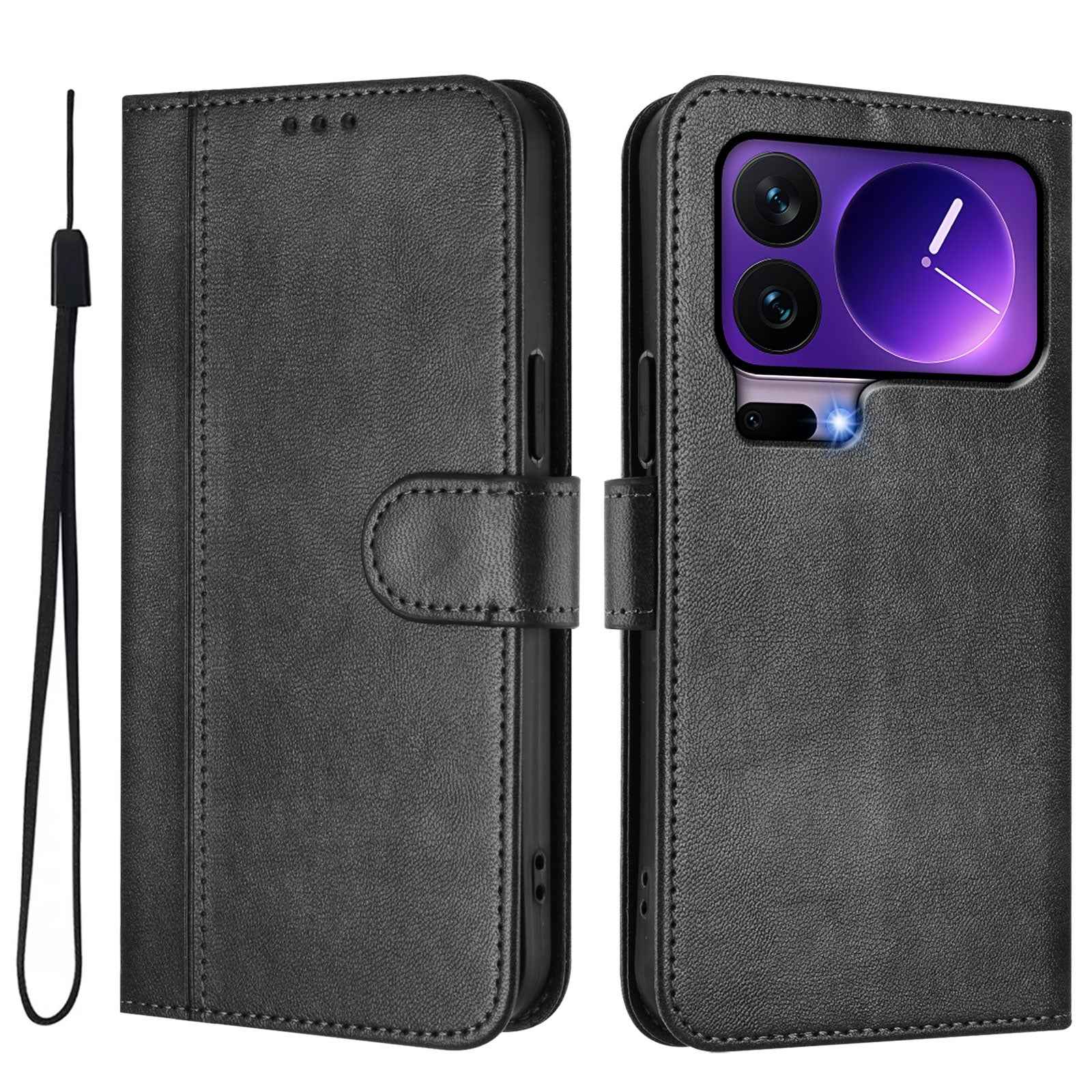 For Xiaomi 17 Pro Cases Wallet Stand Retro Texture Leather Phone Cover with Lanyard - Black
