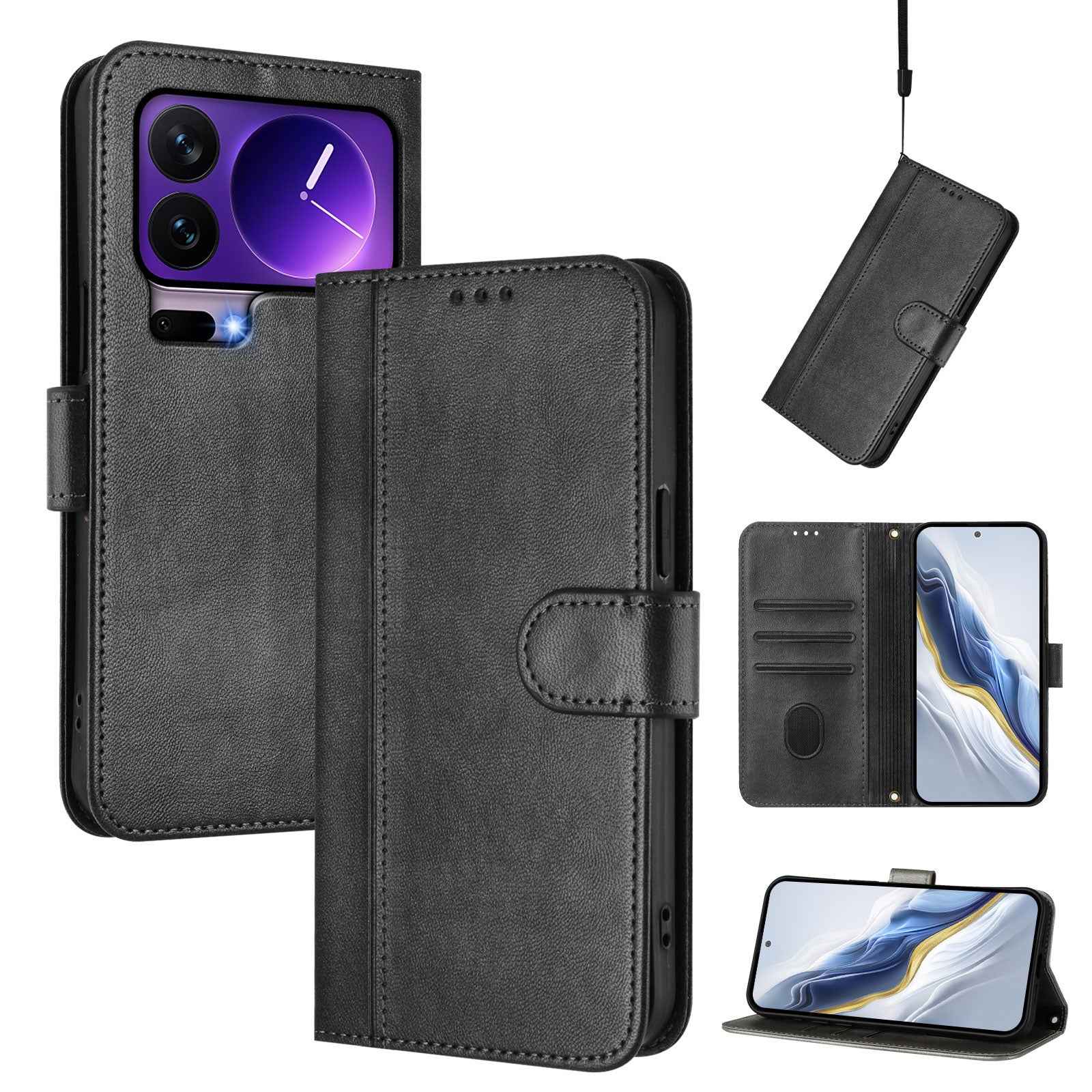 For Xiaomi 17 Pro Cases Wallet Stand Retro Texture Leather Phone Cover with Lanyard - Black