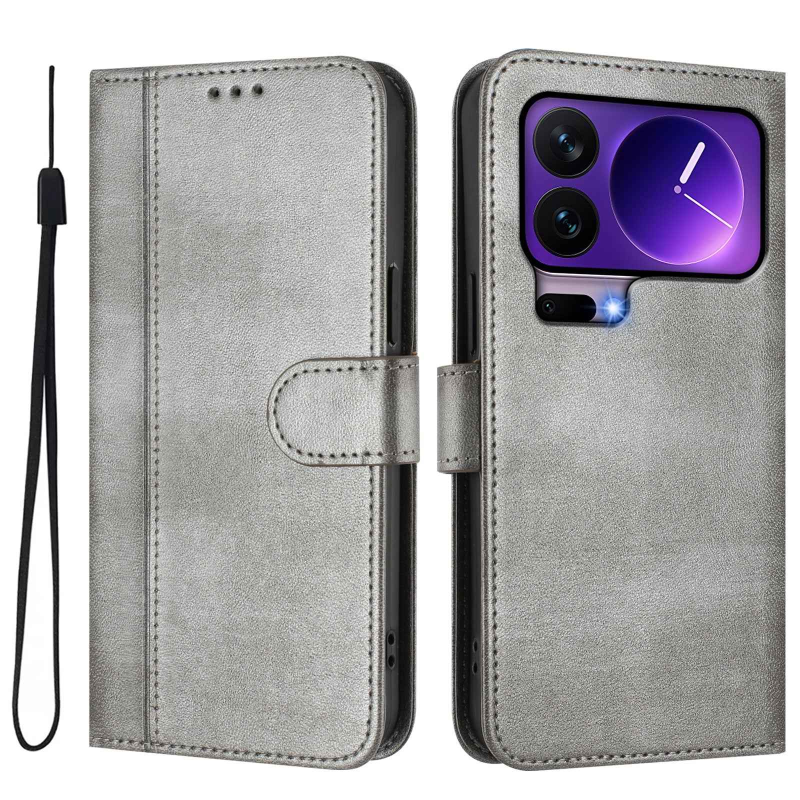 For Xiaomi 17 Pro Cases Wallet Stand Retro Texture Leather Phone Cover with Lanyard - Grey