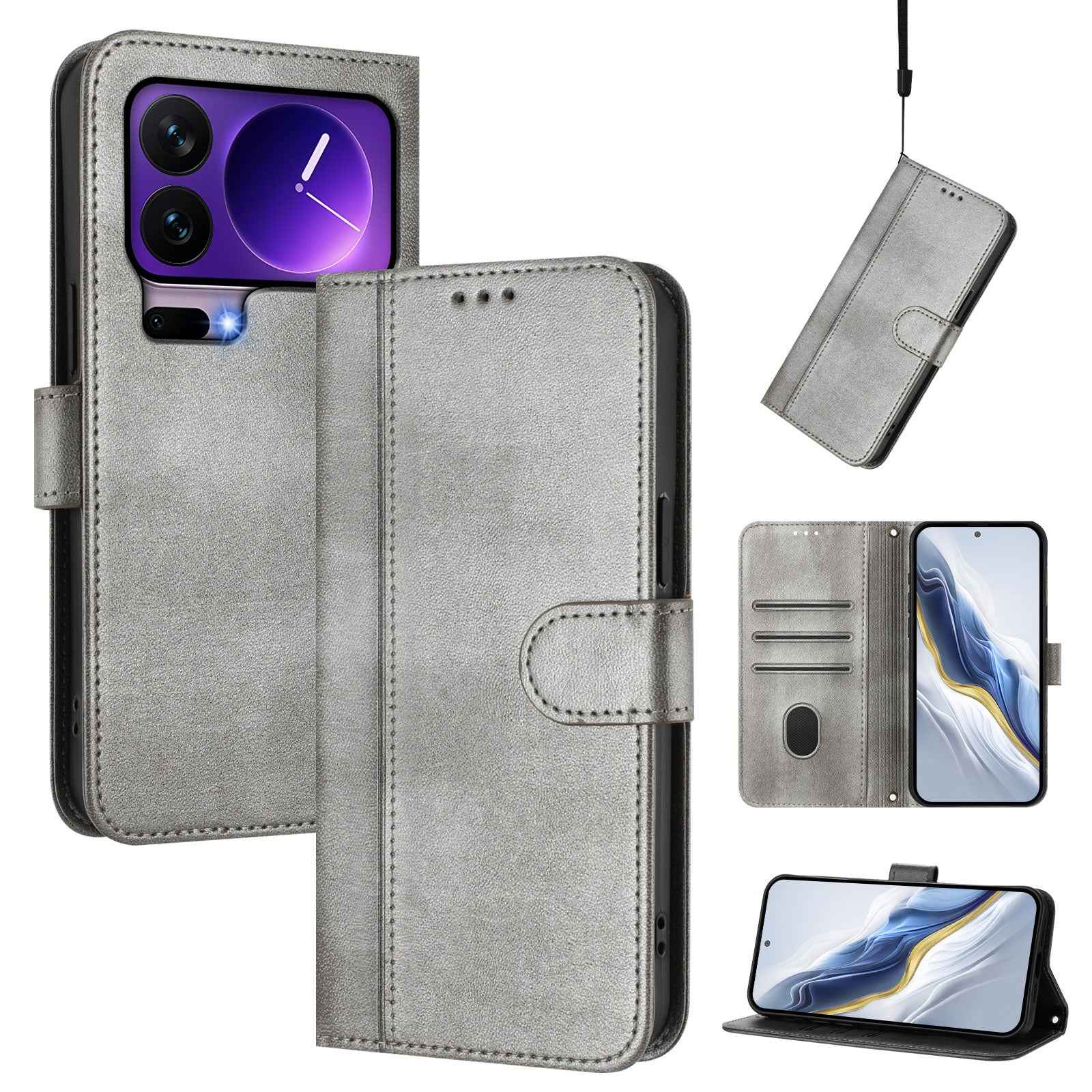 For Xiaomi 17 Pro Cases Wallet Stand Retro Texture Leather Phone Cover with Lanyard - Grey