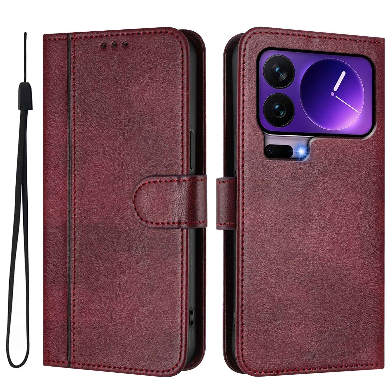 For Xiaomi 17 Pro Cases Wallet Stand Retro Texture Leather Phone Cover with Lanyard - Wine Red