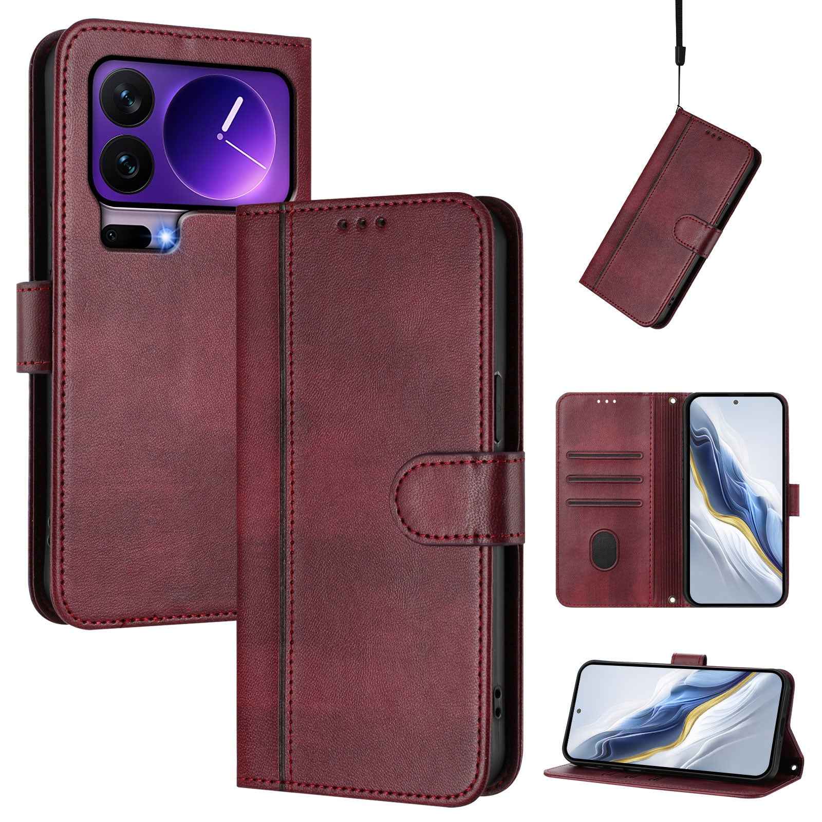 For Xiaomi 17 Pro Cases Wallet Stand Retro Texture Leather Phone Cover with Lanyard - Wine Red