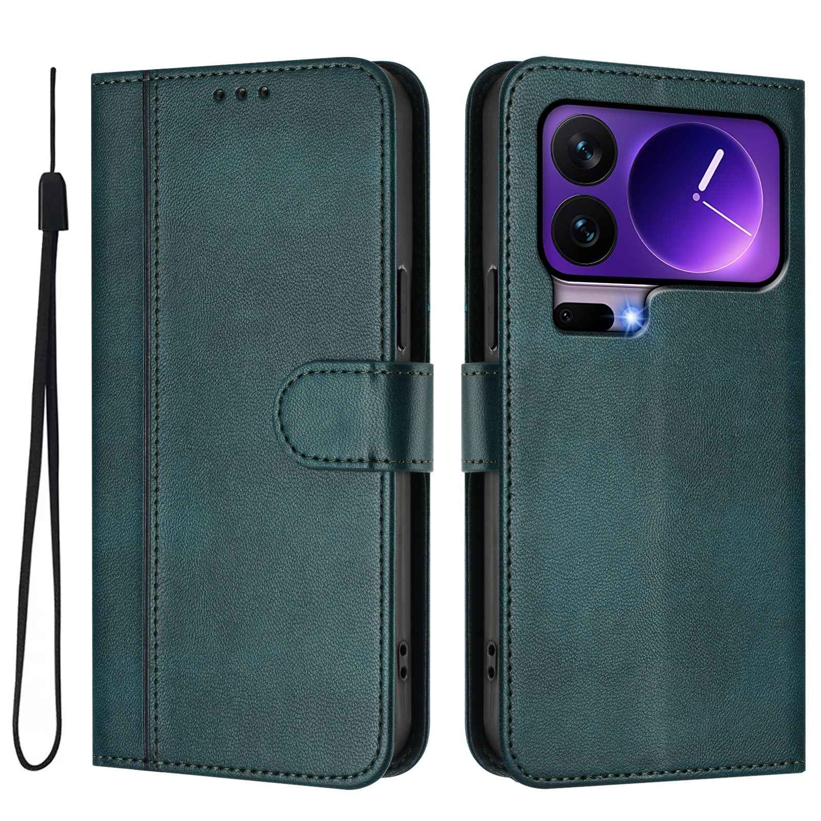 For Xiaomi 17 Pro Cases Wallet Stand Retro Texture Leather Phone Cover with Lanyard - Dark Green