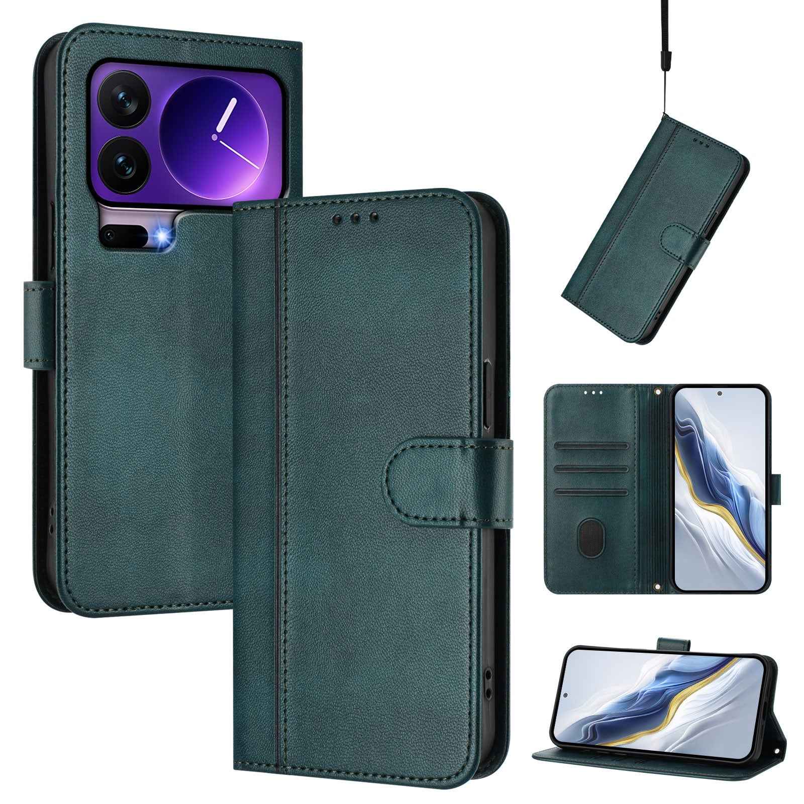 For Xiaomi 17 Pro Cases Wallet Stand Retro Texture Leather Phone Cover with Lanyard - Dark Green
