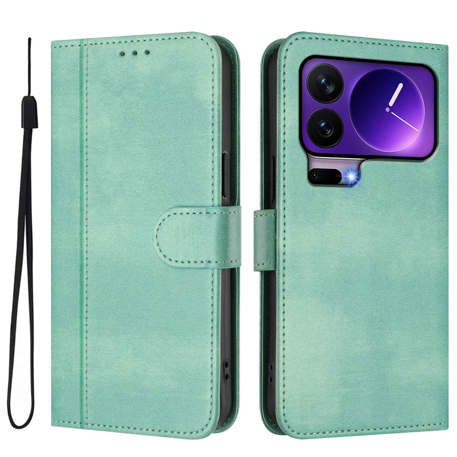 For Xiaomi 17 Pro Cases Wallet Stand Retro Texture Leather Phone Cover with Lanyard - Mint Green
