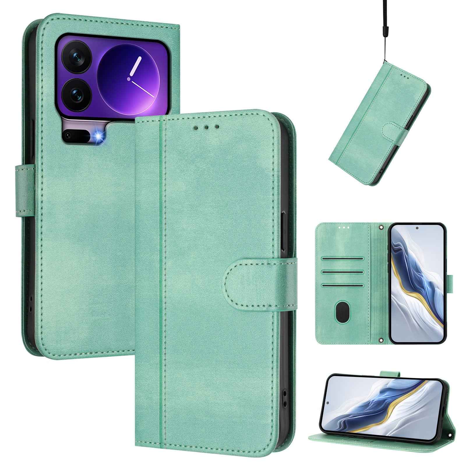For Xiaomi 17 Pro Cases Wallet Stand Retro Texture Leather Phone Cover with Lanyard - Mint Green