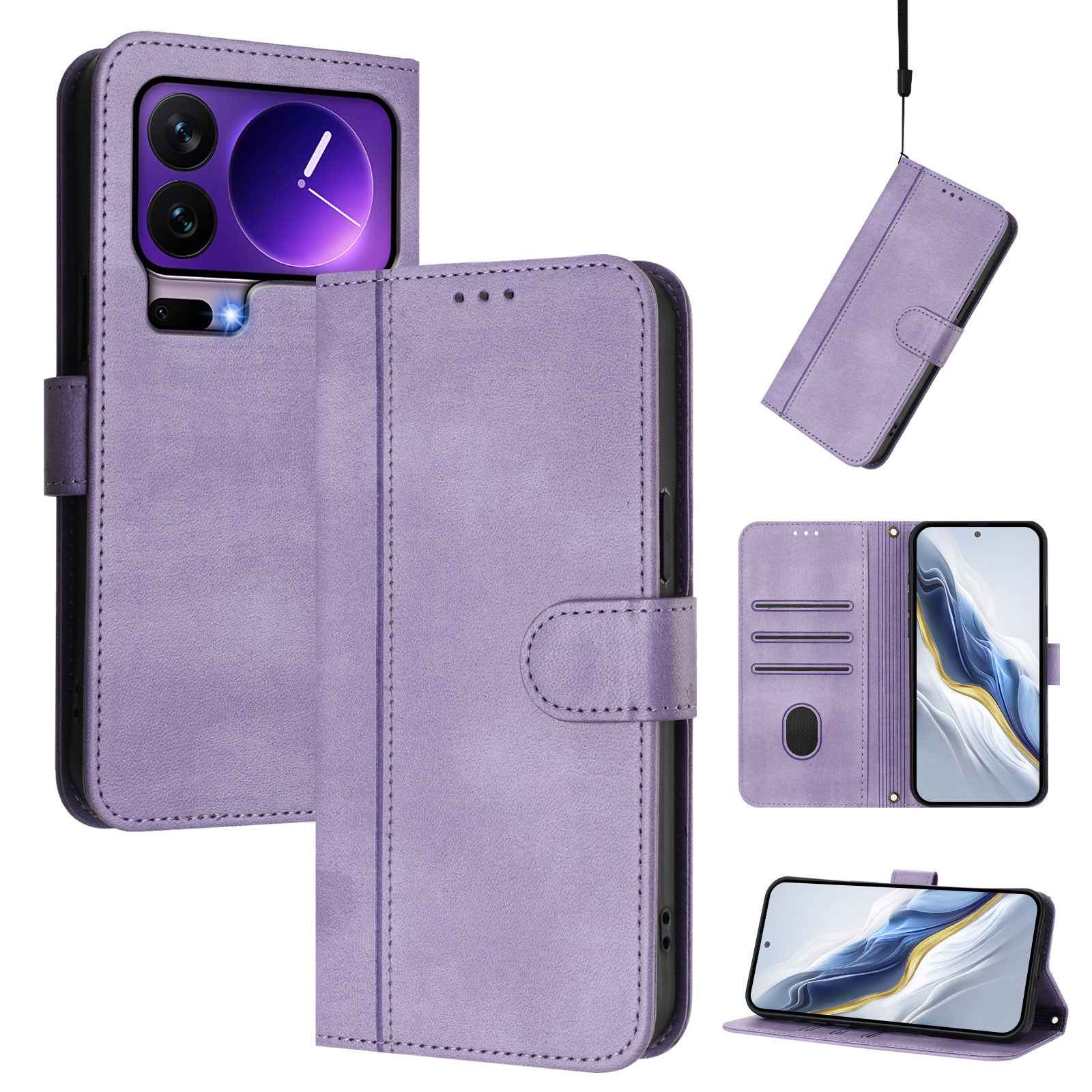For Xiaomi 17 Pro Cases Wallet Stand Retro Texture Leather Phone Cover with Lanyard - Light Purple