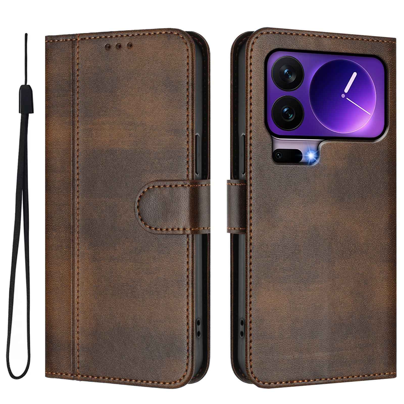 For Xiaomi 17 Pro Cases Wallet Stand Retro Texture Leather Phone Cover with Lanyard - Brown