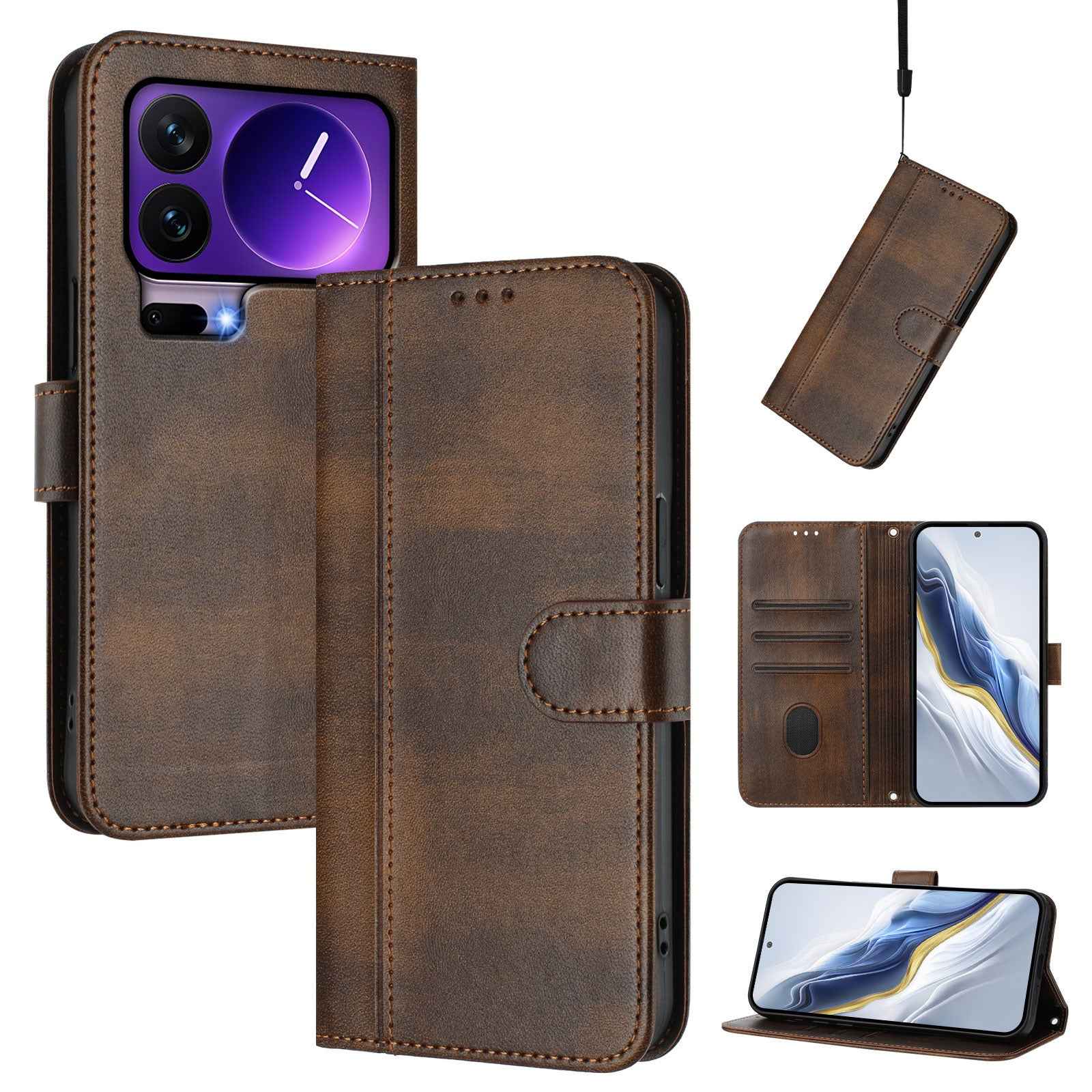For Xiaomi 17 Pro Cases Wallet Stand Retro Texture Leather Phone Cover with Lanyard - Brown