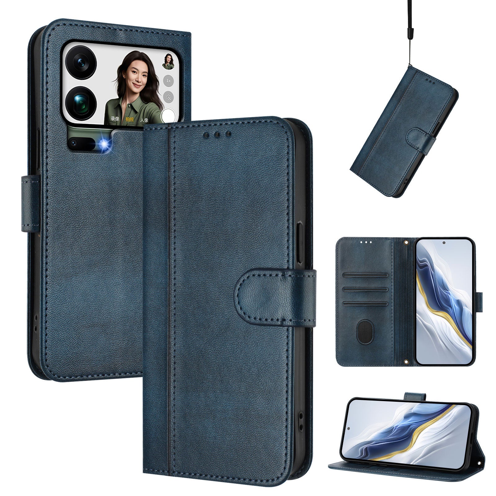 For Xiaomi 17 Pro Max Cases Wallet Stand Retro Texture Leather Phone Cover with Lanyard - Blue