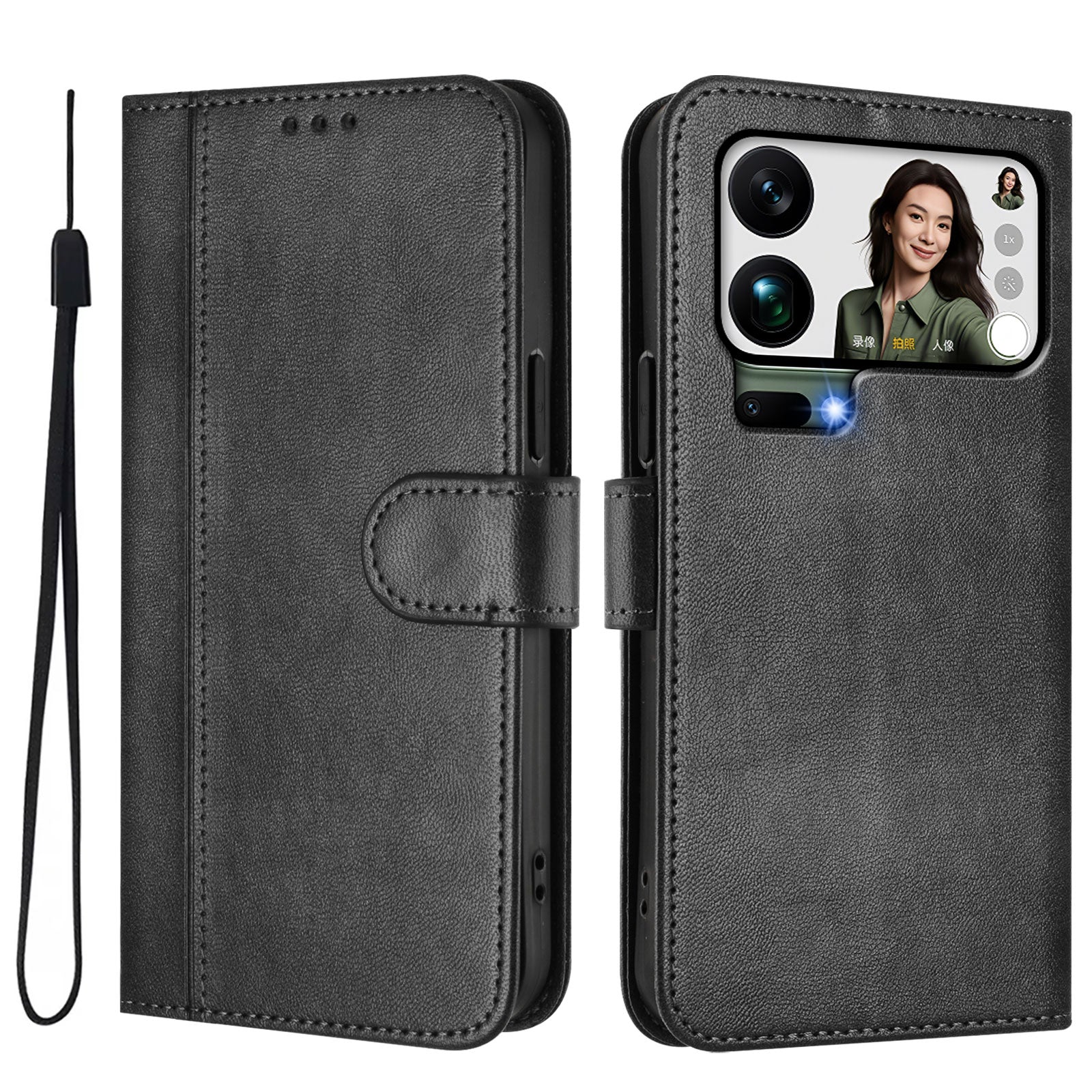 For Xiaomi 17 Pro Max Cases Wallet Stand Retro Texture Leather Phone Cover with Lanyard - Black