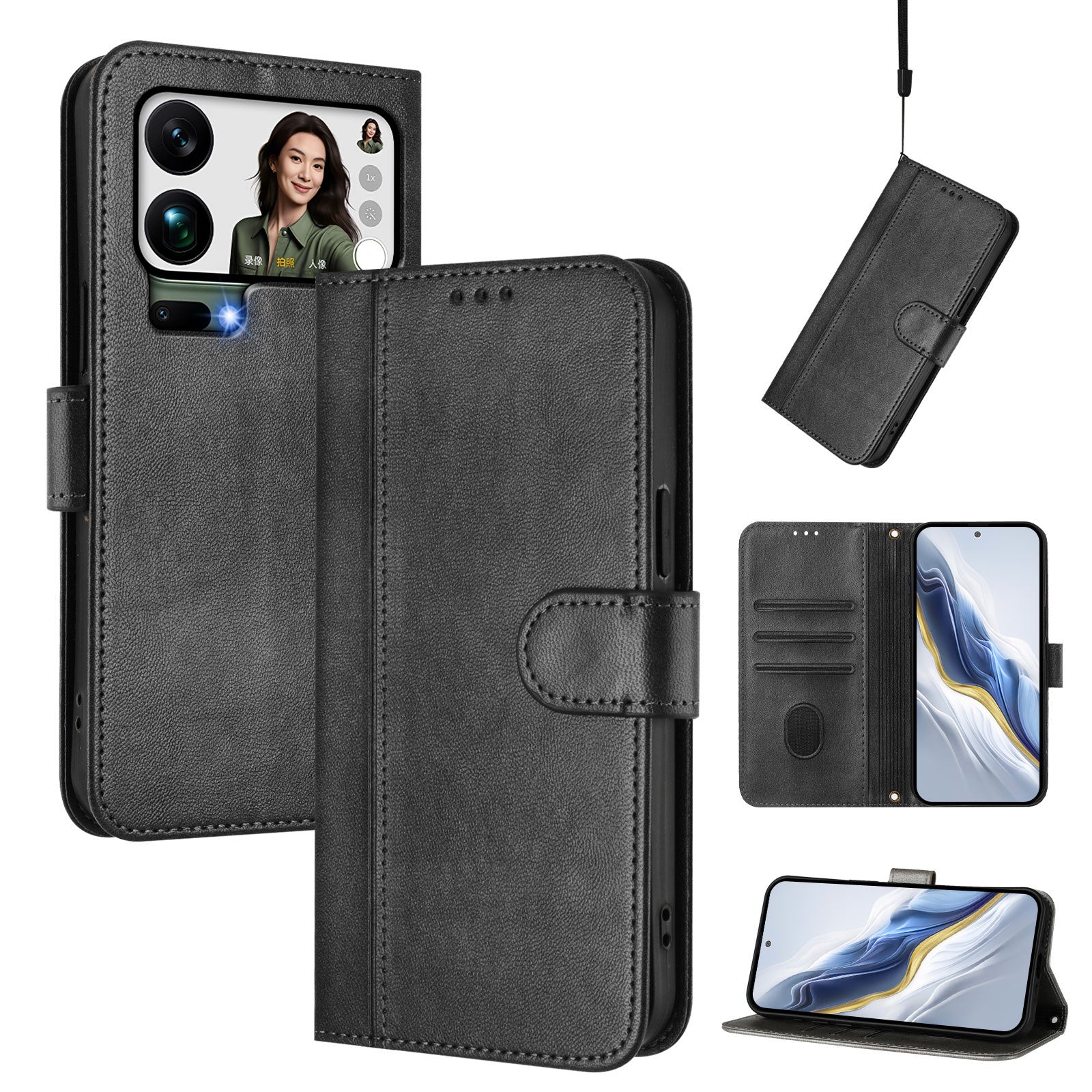 For Xiaomi 17 Pro Max Cases Wallet Stand Retro Texture Leather Phone Cover with Lanyard - Black