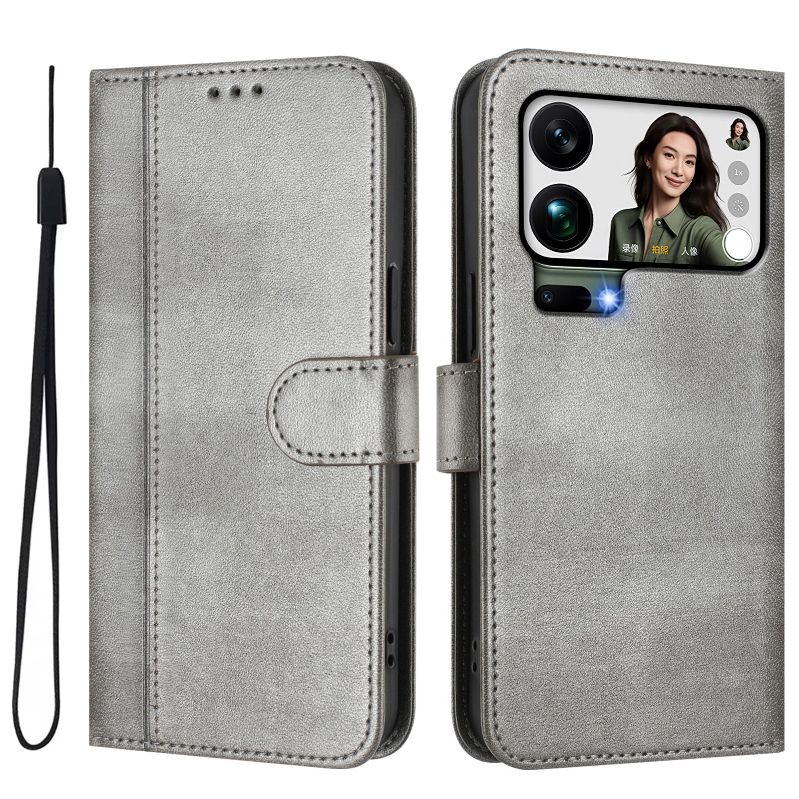 For Xiaomi 17 Pro Max Cases Wallet Stand Retro Texture Leather Phone Cover with Lanyard - Grey