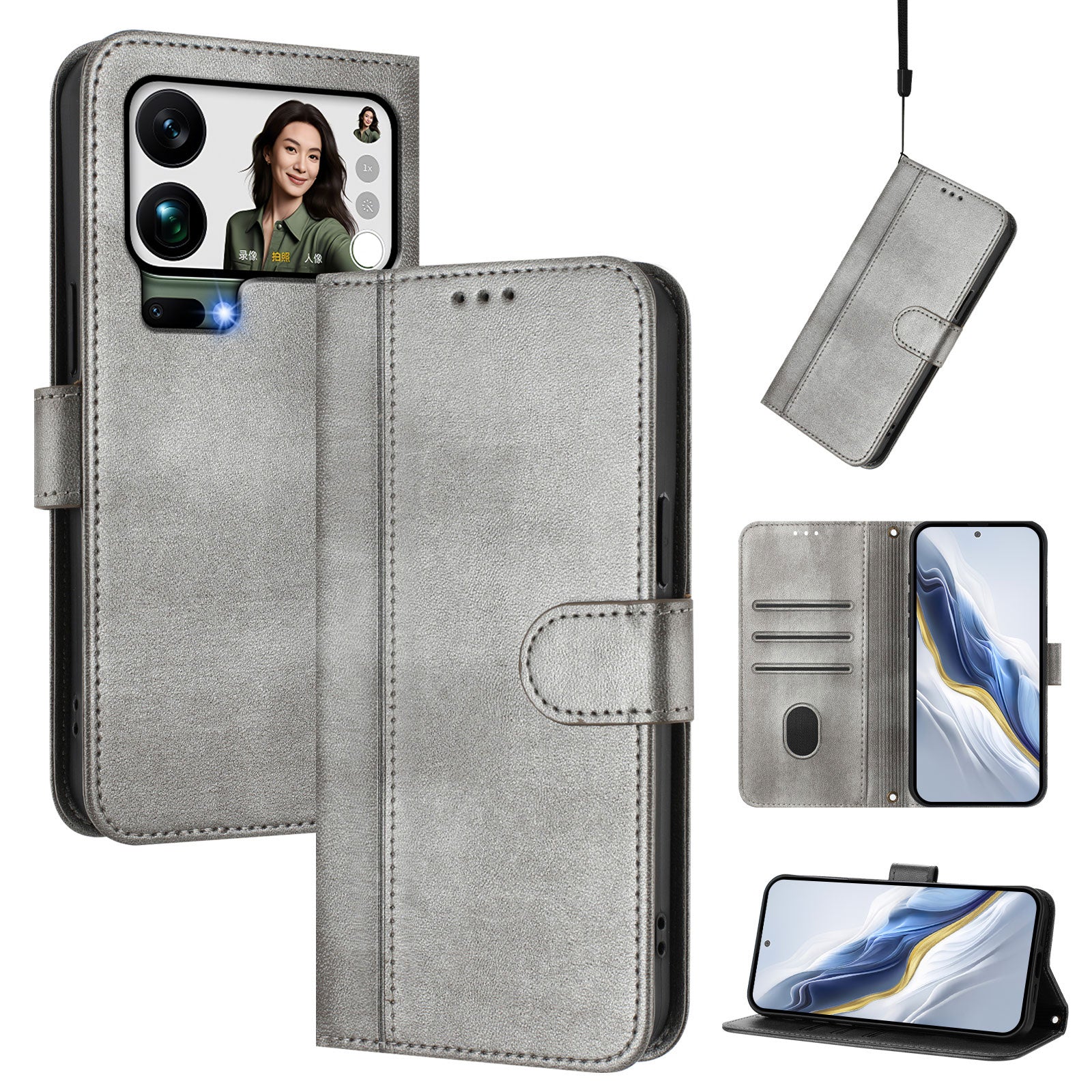 For Xiaomi 17 Pro Max Cases Wallet Stand Retro Texture Leather Phone Cover with Lanyard - Grey