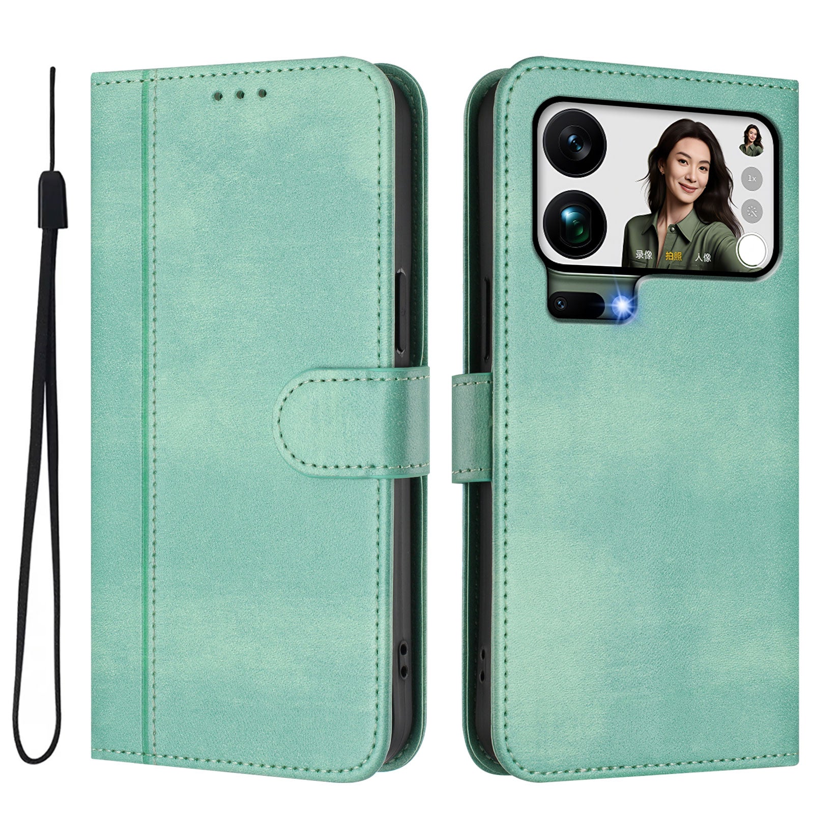 For Xiaomi 17 Pro Max Cases Wallet Stand Retro Texture Leather Phone Cover with Lanyard - Mint Green