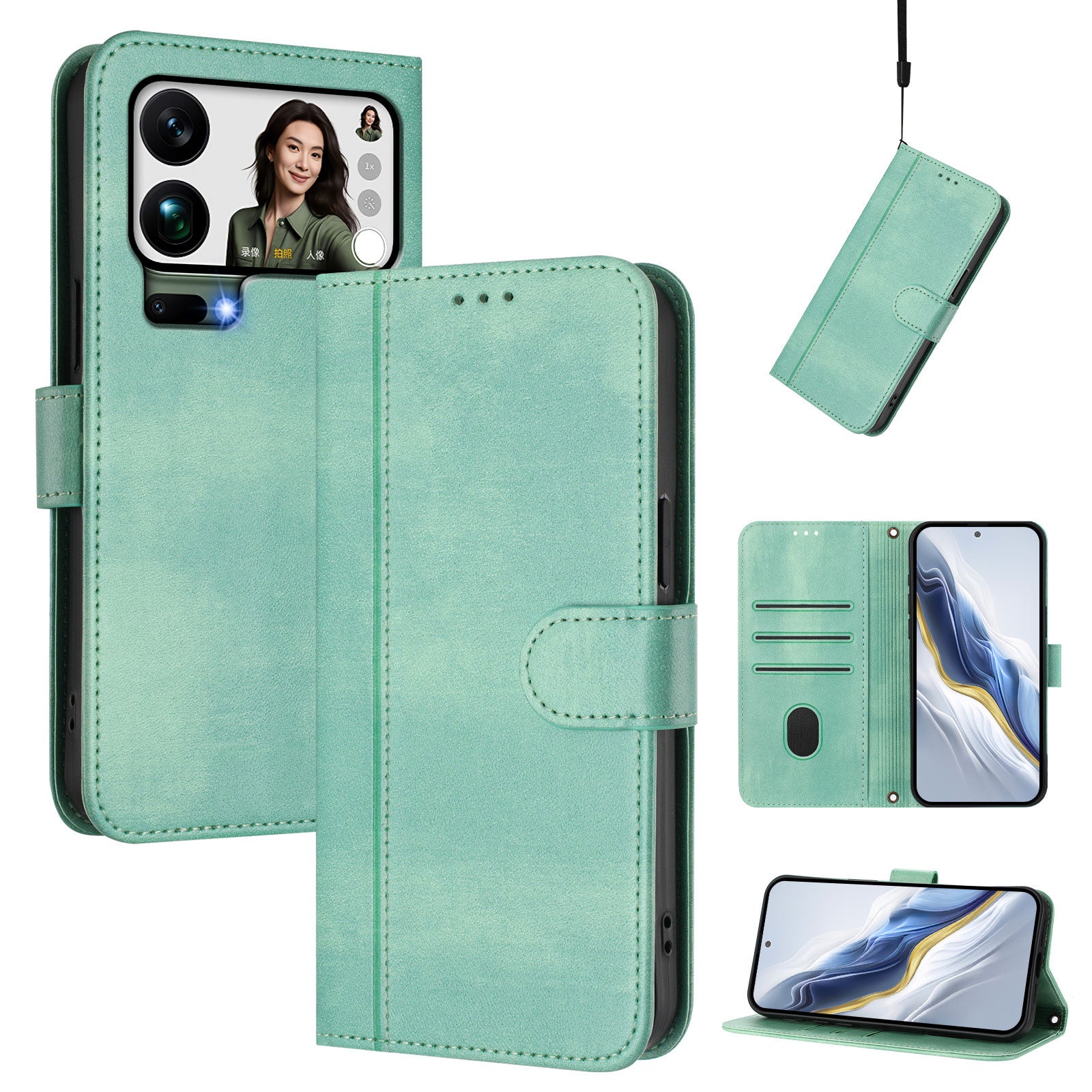 For Xiaomi 17 Pro Max Cases Wallet Stand Retro Texture Leather Phone Cover with Lanyard - Mint Green