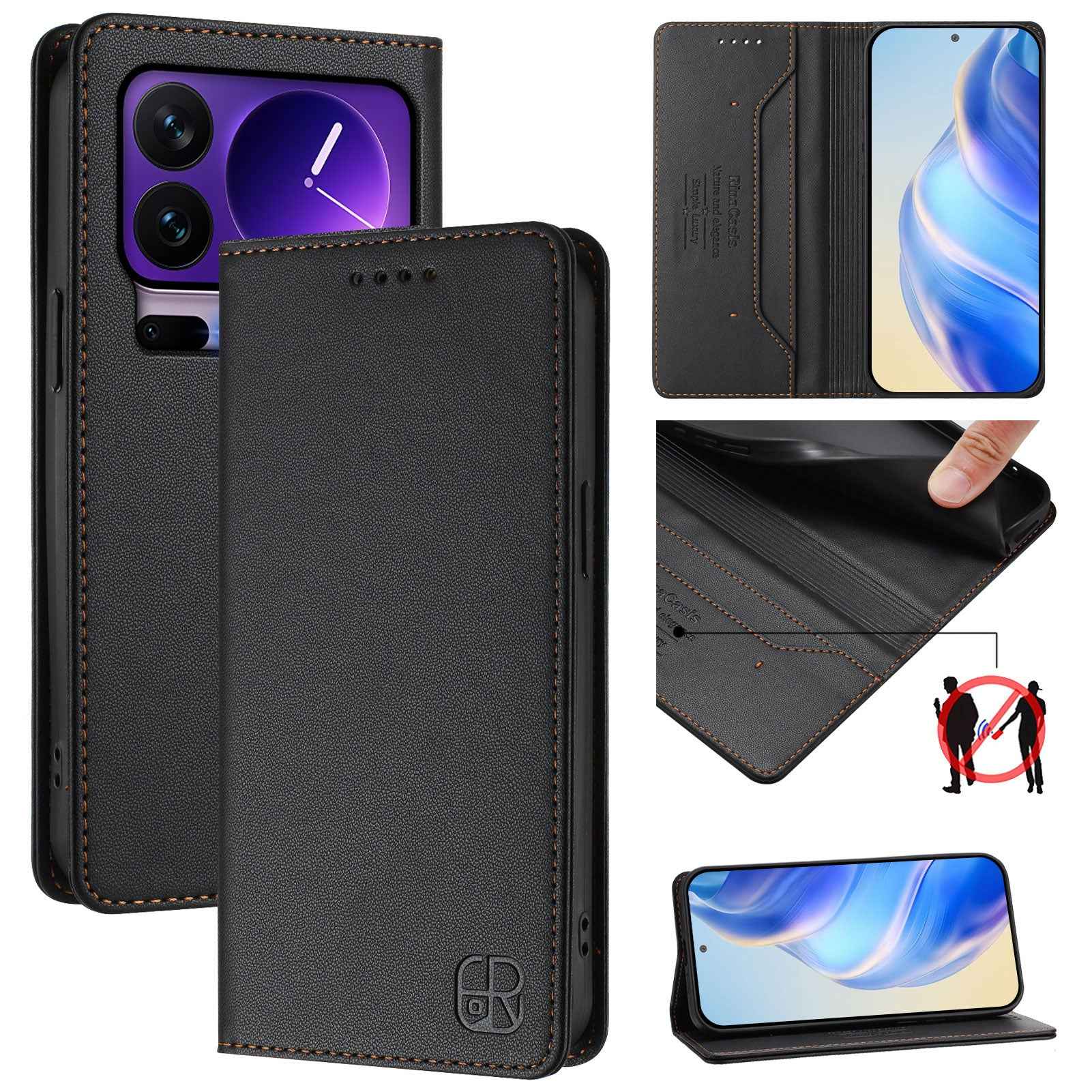 For Xiaomi 17 Pro Leather Case RINACASIS RC01 Phone Cover with RFID Blocking Wallet Stand - Black