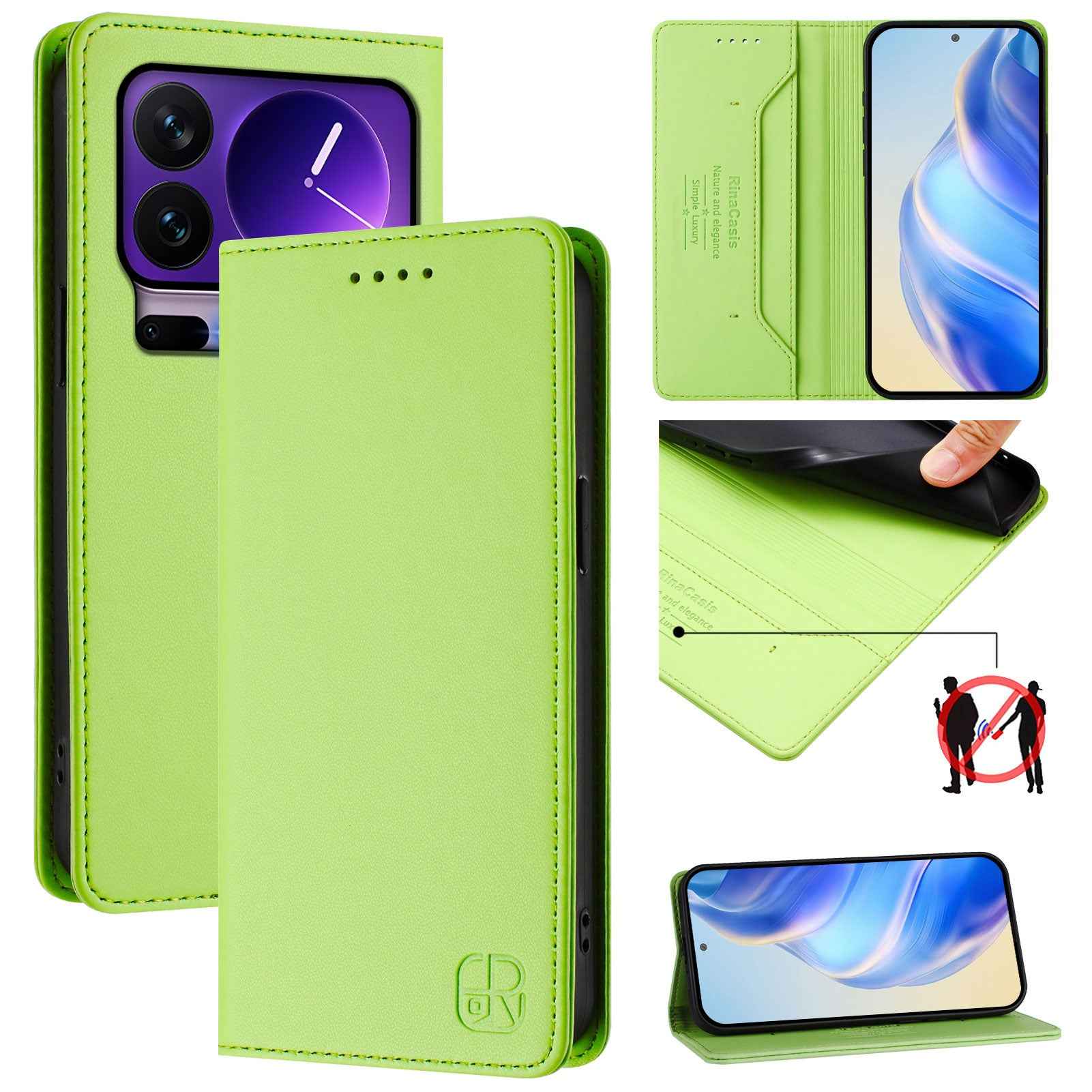 For Xiaomi 17 Pro Leather Case RINACASIS RC01 Phone Cover with RFID Blocking Wallet Stand - Green