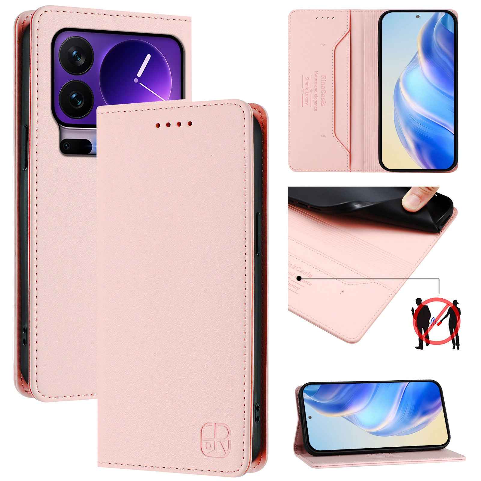 For Xiaomi 17 Pro Leather Case RINACASIS RC01 Phone Cover with RFID Blocking Wallet Stand - Pink