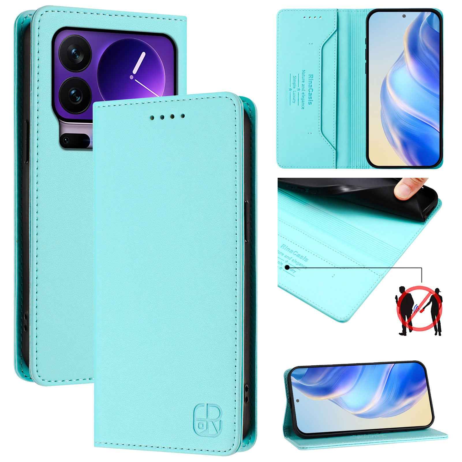 For Xiaomi 17 Pro Leather Case RINACASIS RC01 Phone Cover with RFID Blocking Wallet Stand - Mint Green