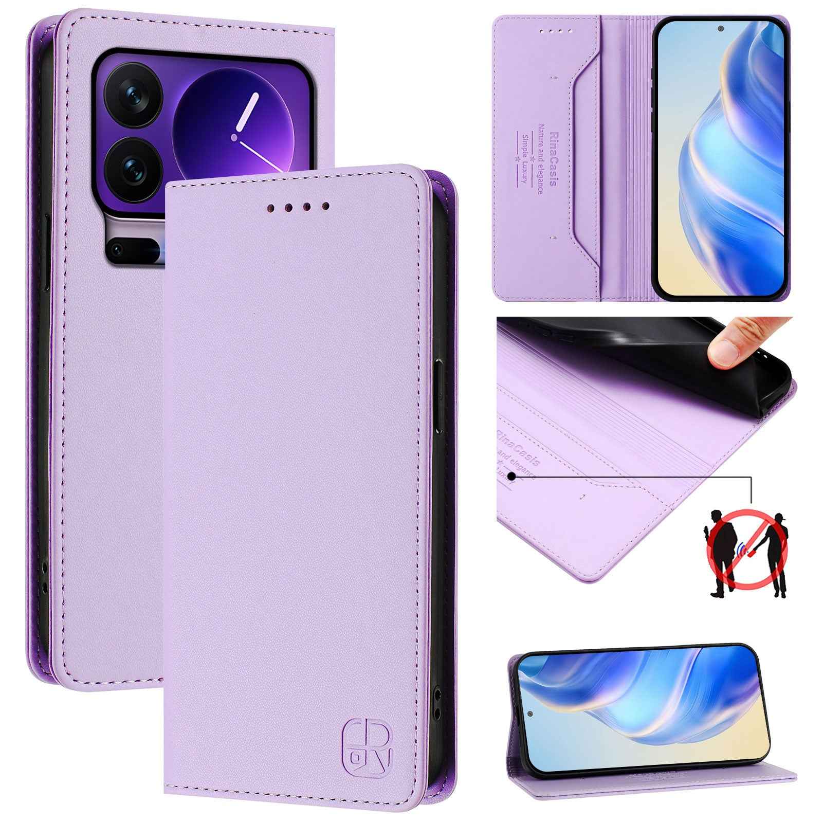 For Xiaomi 17 Pro Leather Case RINACASIS RC01 Phone Cover with RFID Blocking Wallet Stand - Light Purple