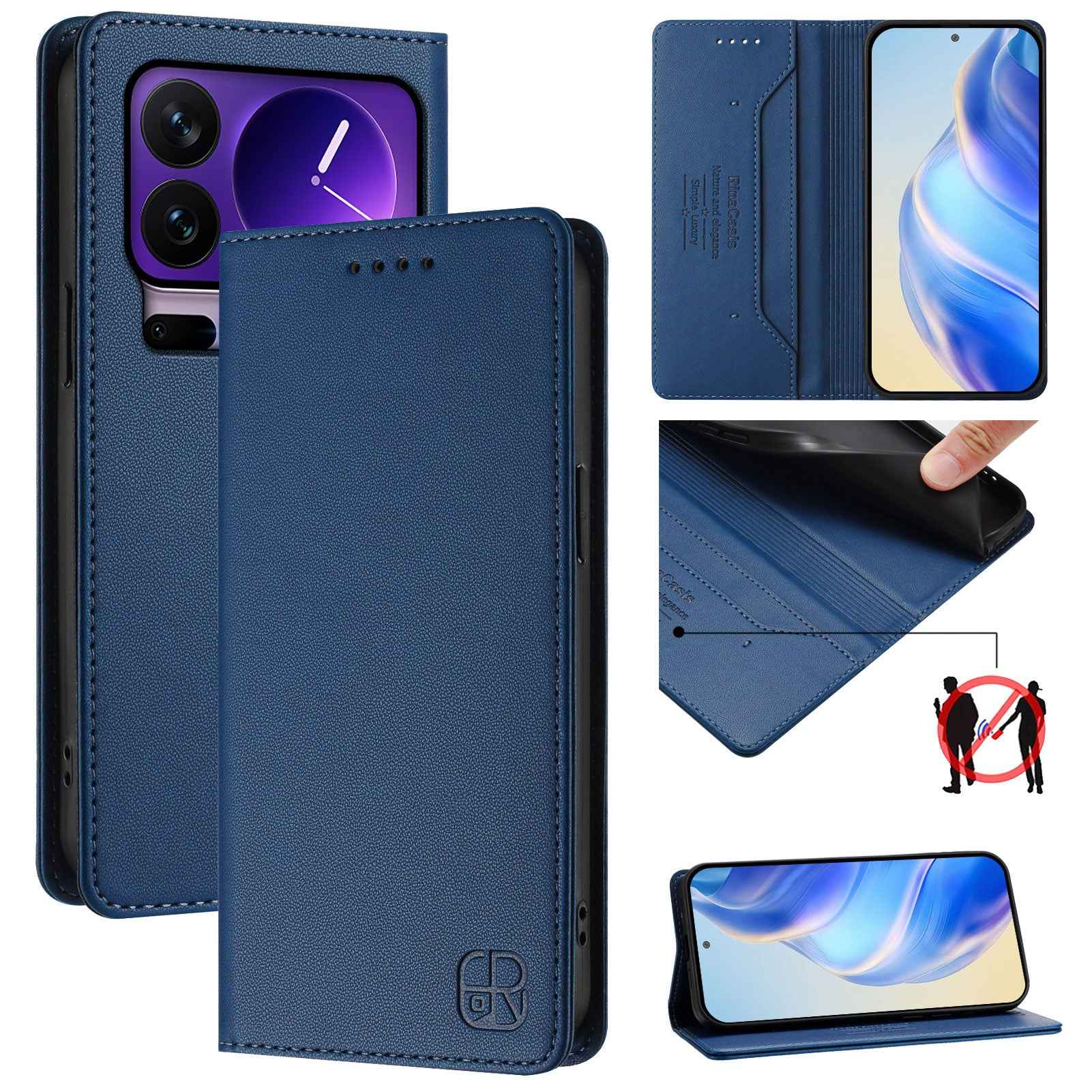 For Xiaomi 17 Pro Leather Case RINACASIS RC01 Phone Cover with RFID Blocking Wallet Stand - Dark Blue