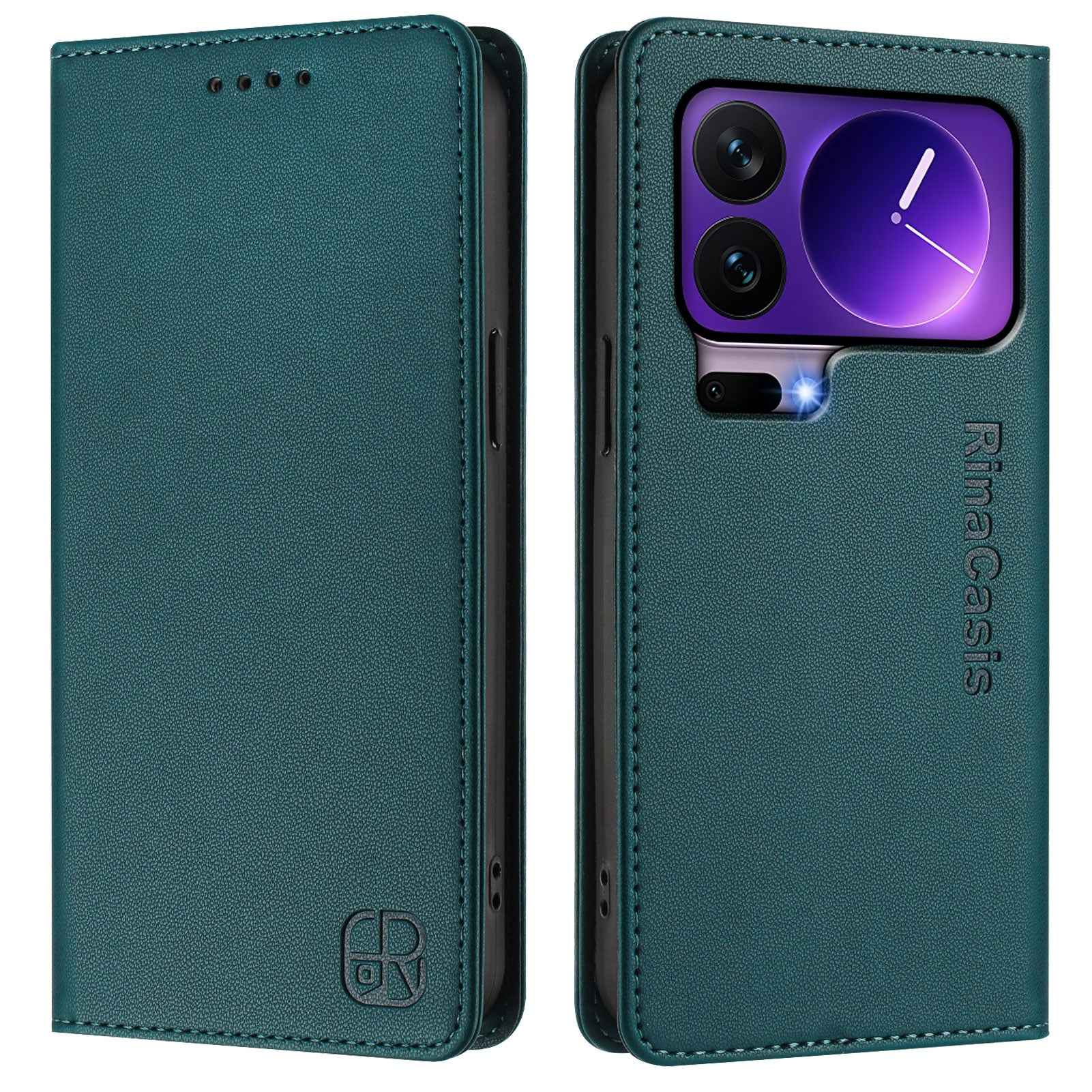 For Xiaomi 17 Pro Leather Case RINACASIS RC01 Phone Cover with RFID Blocking Wallet Stand - Dark Green