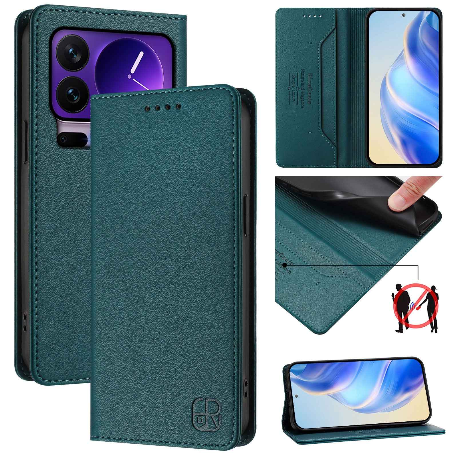 For Xiaomi 17 Pro Leather Case RINACASIS RC01 Phone Cover with RFID Blocking Wallet Stand - Dark Green